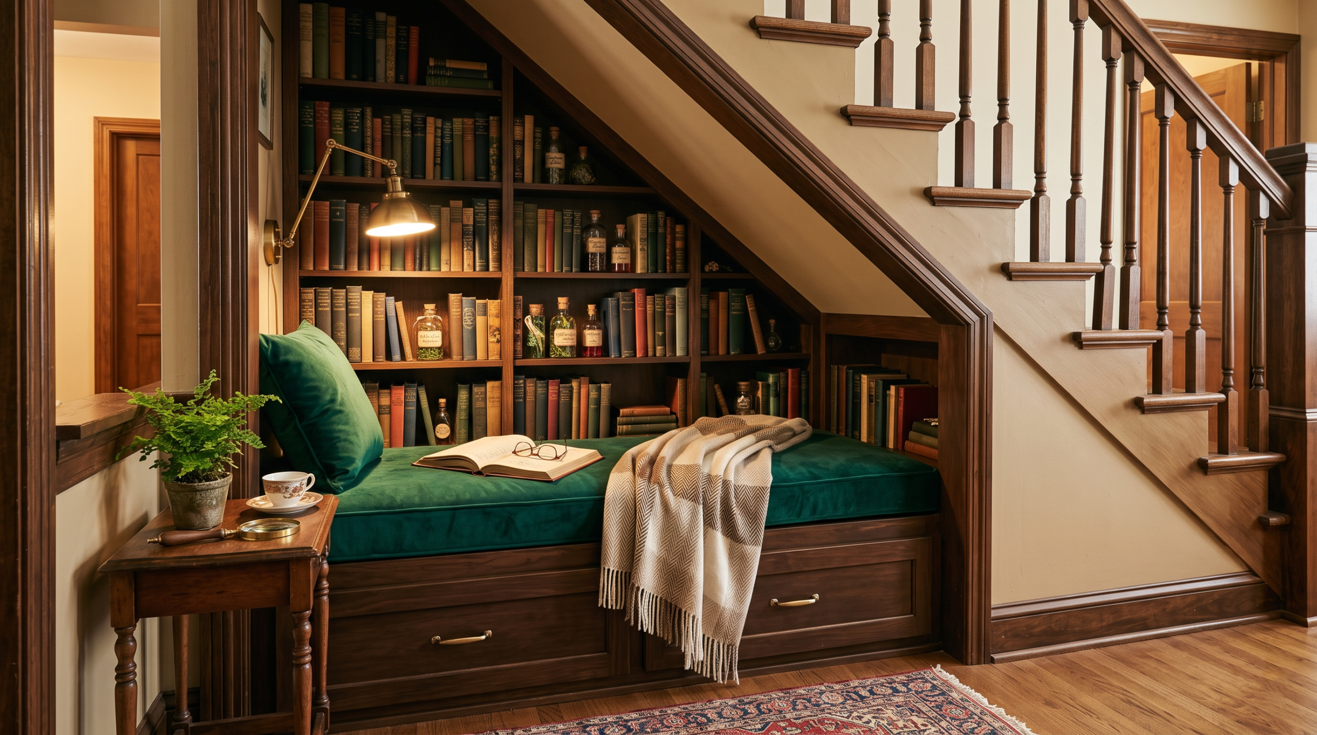 A sophisticated built-in reading nook under the stairs, transformed with custom bookshelves, a velvet bench seat, and warm lighting.