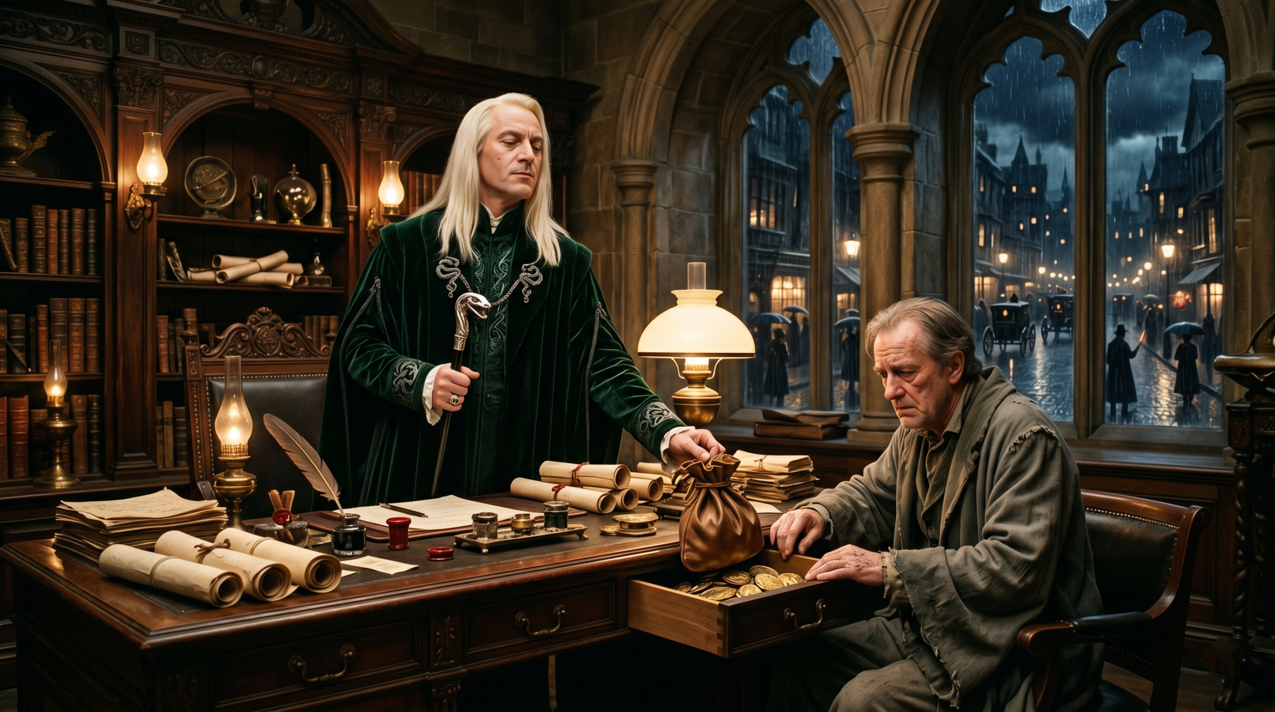 Lucius Malfoy slipping a bribe to a Ministry official in a grand, dimly lit office.