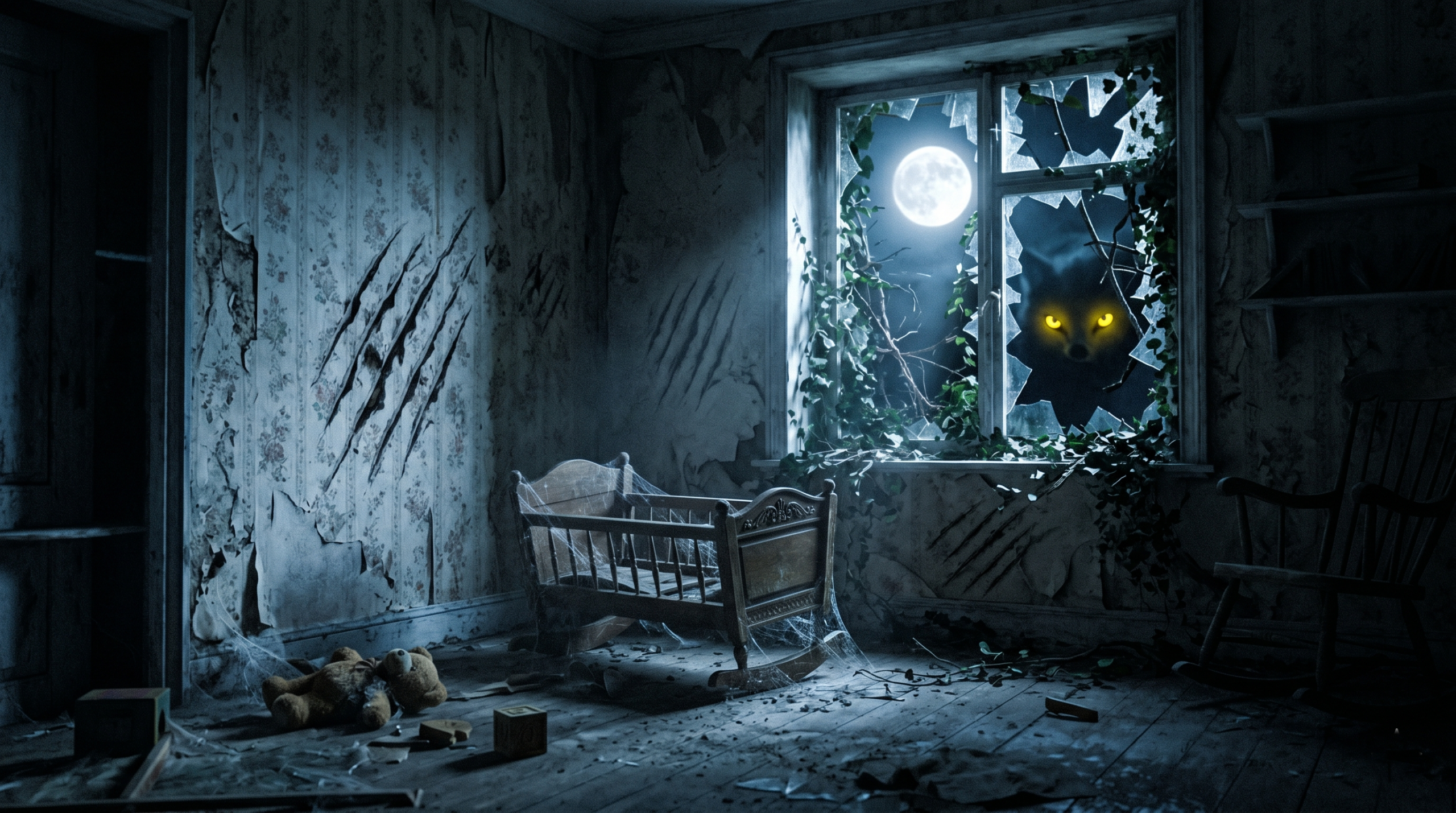 A spooky night scene of an abandoned nursery with Fenrir Greyback's feral eyes watching.