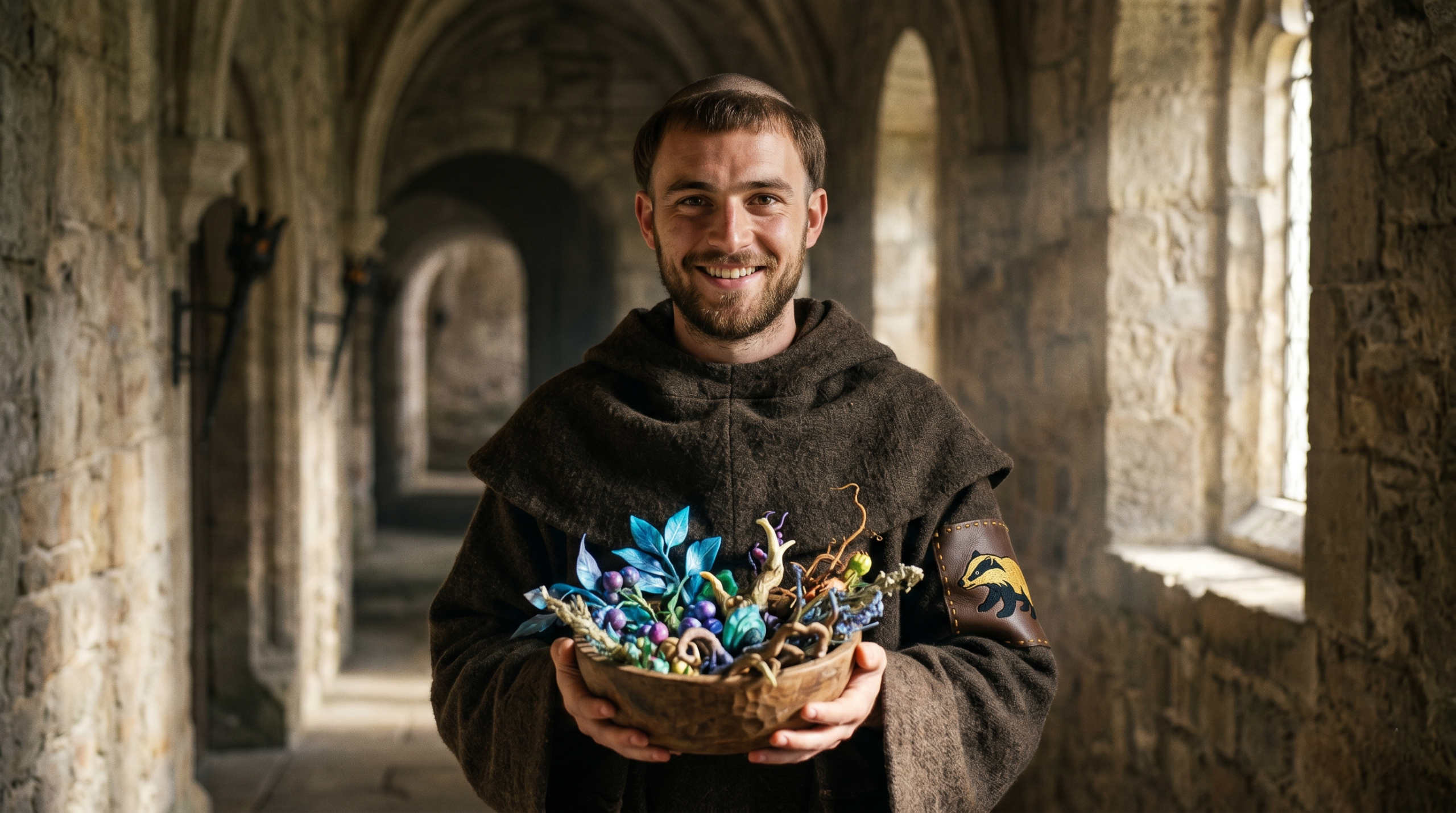 A portrait of the young mortal Fat Friar as a dedicated Hufflepuff student holding magical herbs at early Hogwarts.