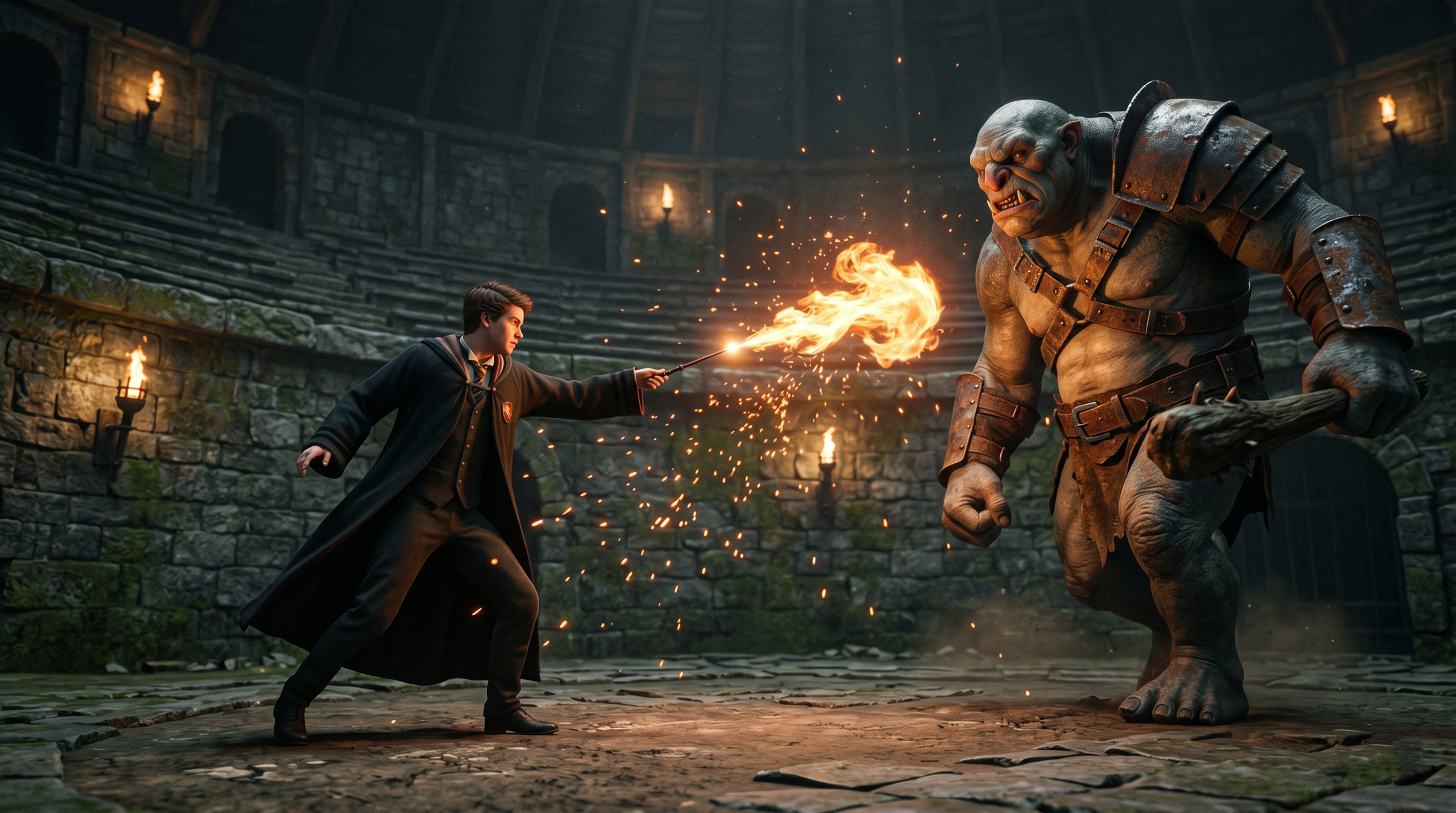 A wizard fighting an armoured mountain troll inside a circular Hogwarts Legacy Battle Arena.
