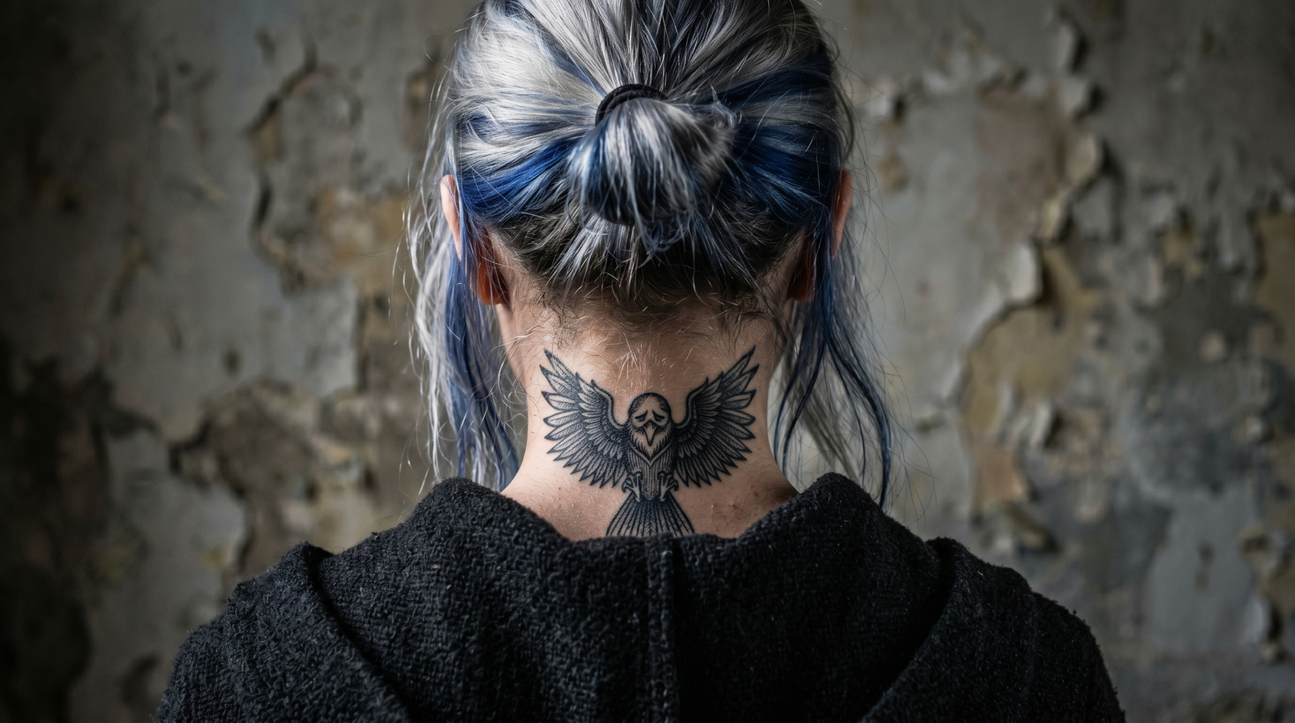 Detailed close-up of Delphini Augurey tattoo on the back of her neck