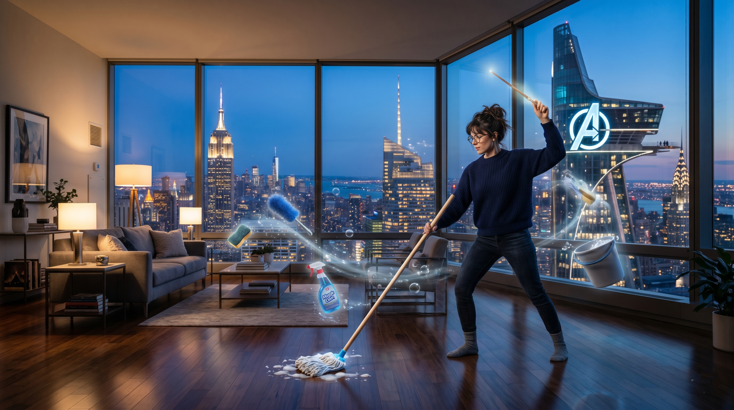 Fanfiction depiction of Holly Potter magically cleaning in Avengers Tower penthouse from 'Holly Potter and the Midlife Crisis'.