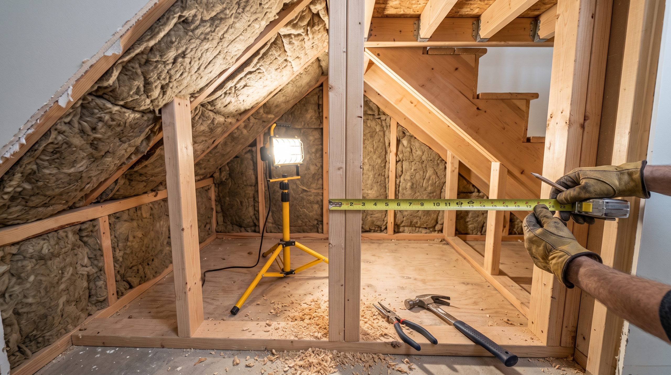 Inspecting and reinforcing the structural studs and acoustic insulation inside an under-stair cupboard before beginning a Harry Potter bedroom renovation.