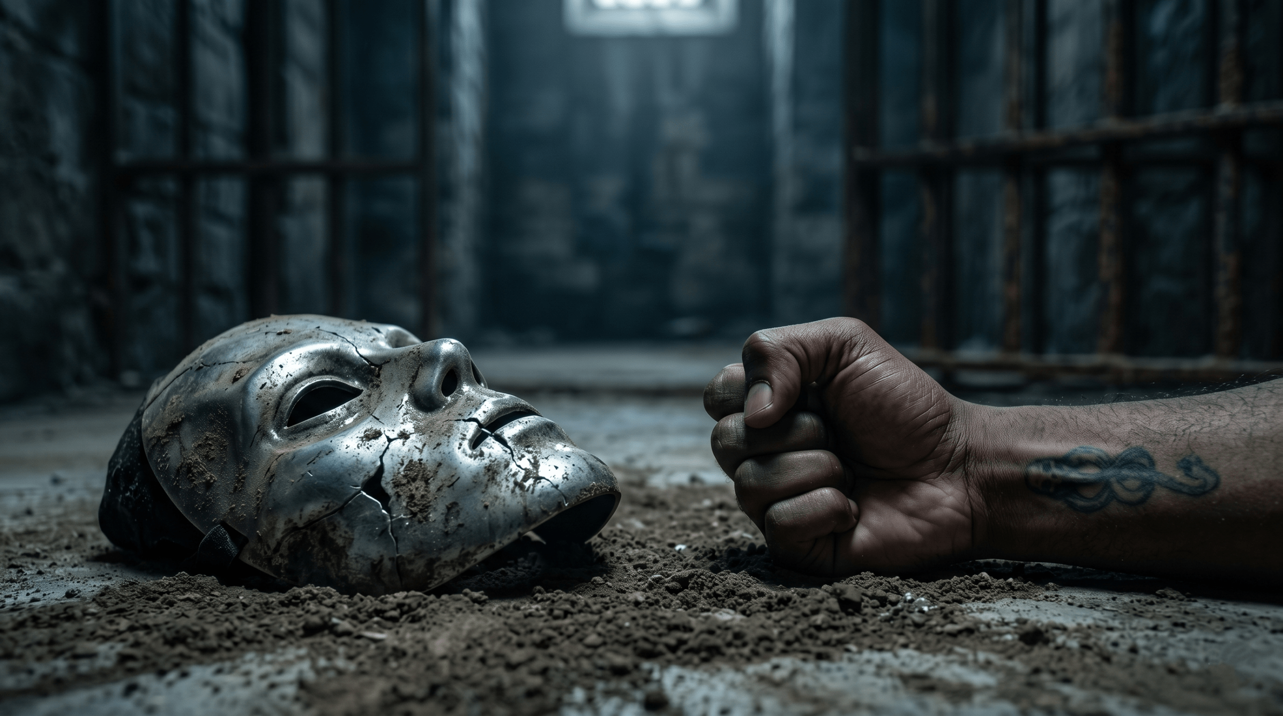 A cracked Death Eater mask and a faded Dark Mark symbolizing Avery Junior's defeat and disgrace.