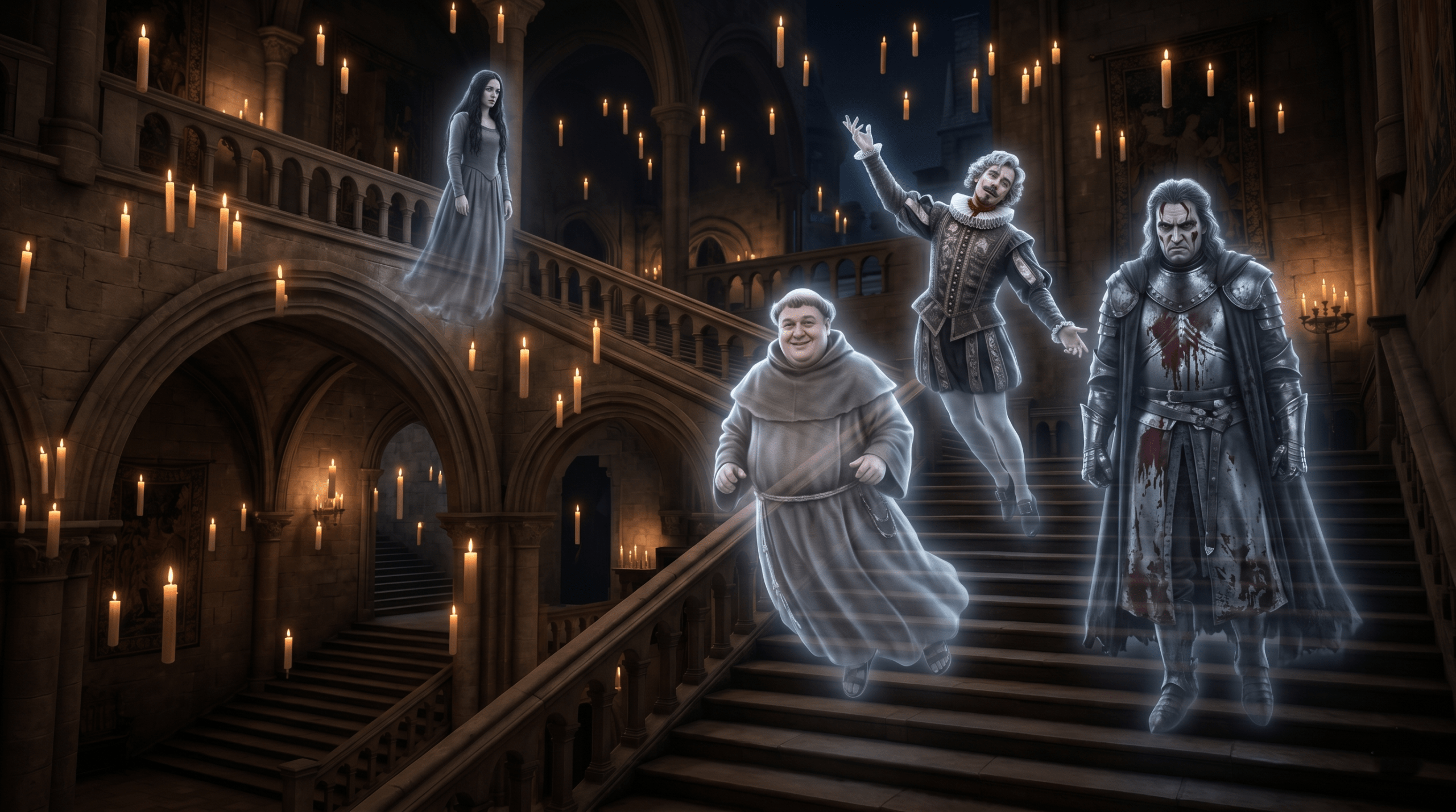 A group shot of the four Hogwarts House Ghosts: The Fat Friar, the Bloody Baron, Nearly Headless Nick, and the Grey Lady on the Grand Staircase.
