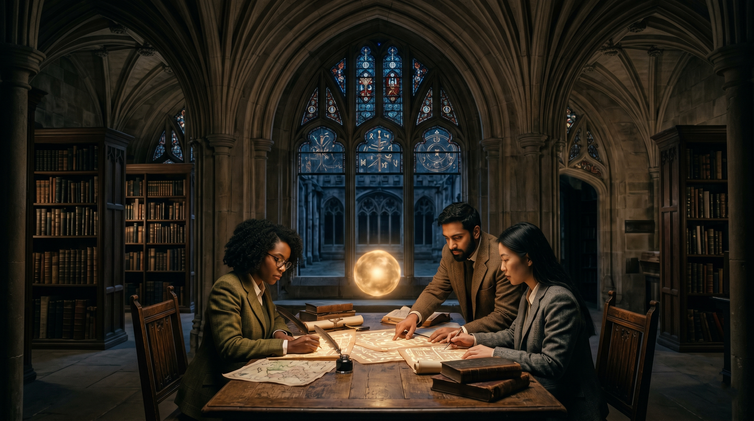 Adult students studying in a magical university library for dark academia fantasy readers.