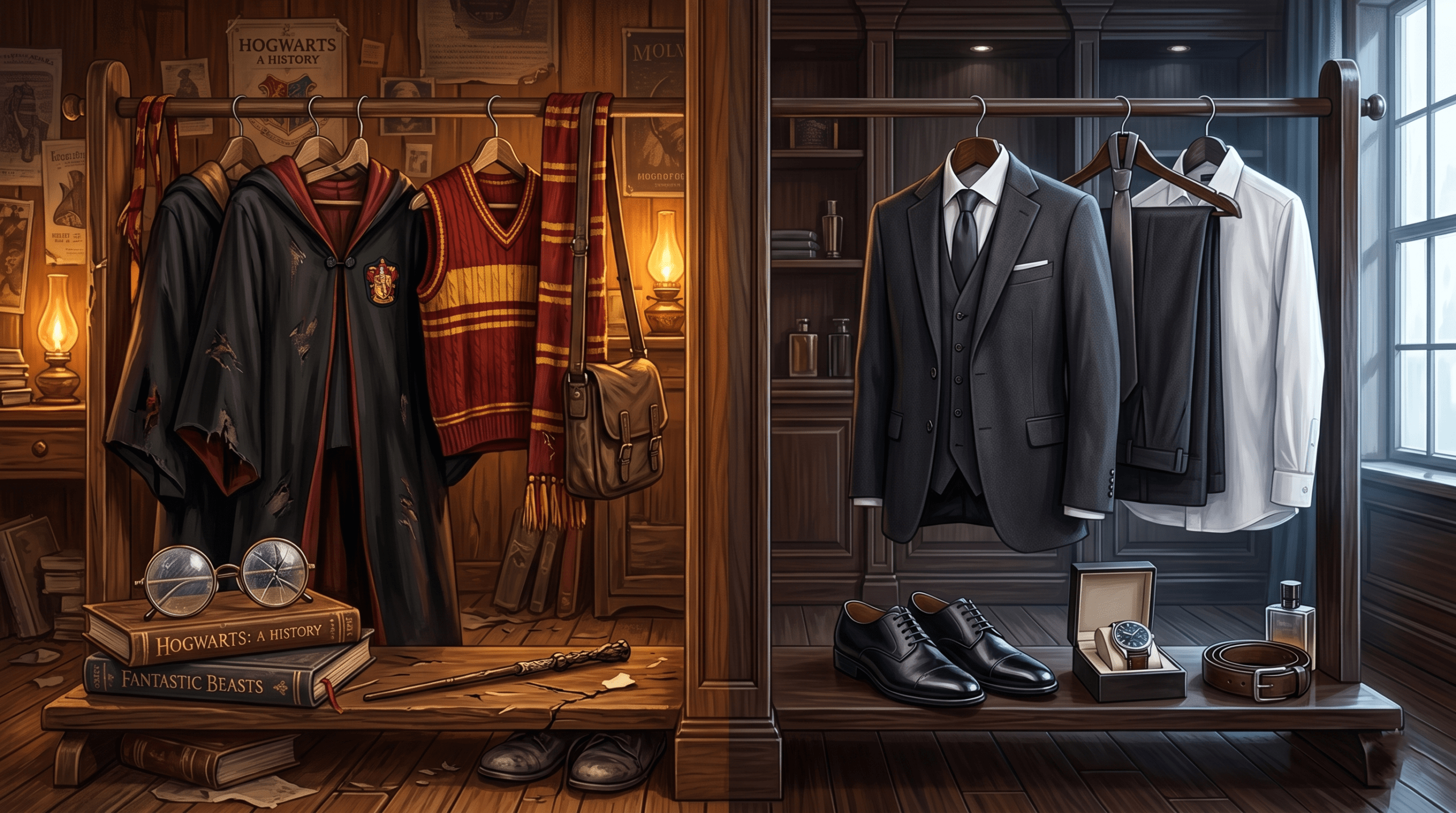 An artistic illustration showing a wardrobe shift from Hogwarts student robes to sophisticated adult fashion, representing the cast glow-up meme.