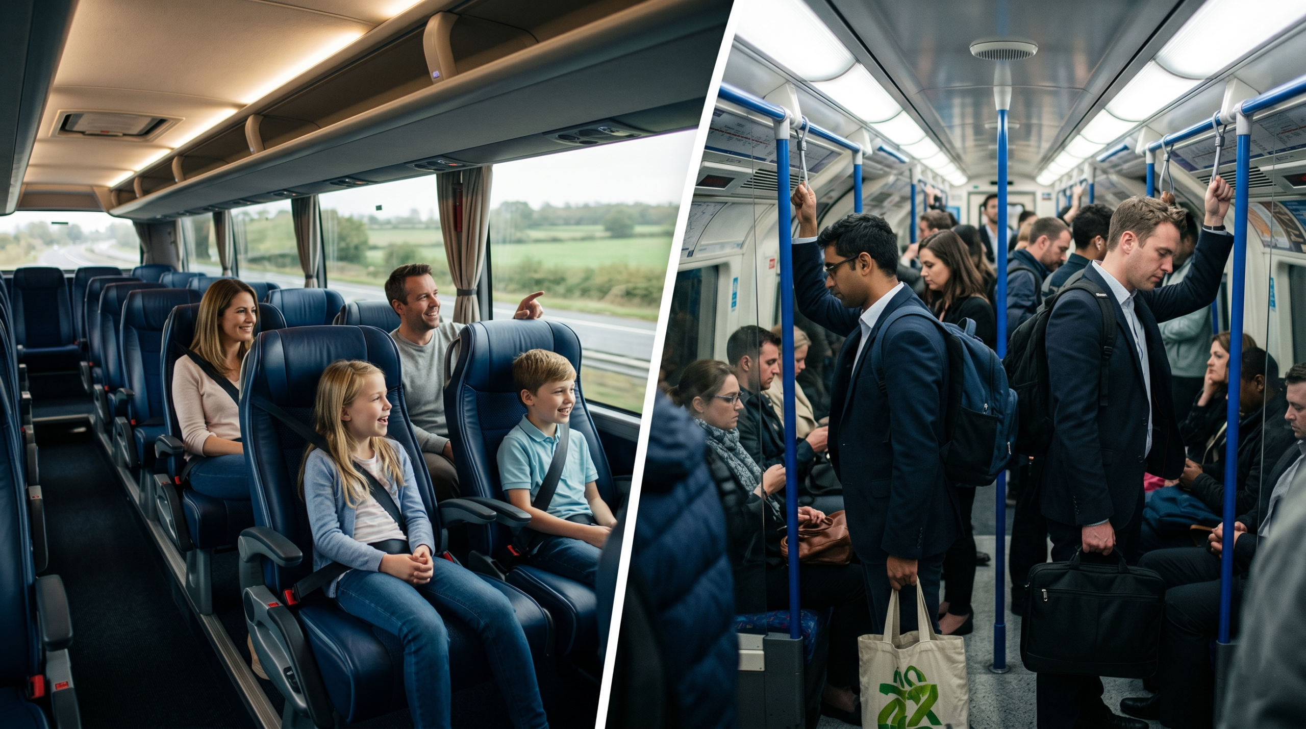 A split visual comparison between the interior of a comfortable Golden Tours coach and a busy London commuter train.