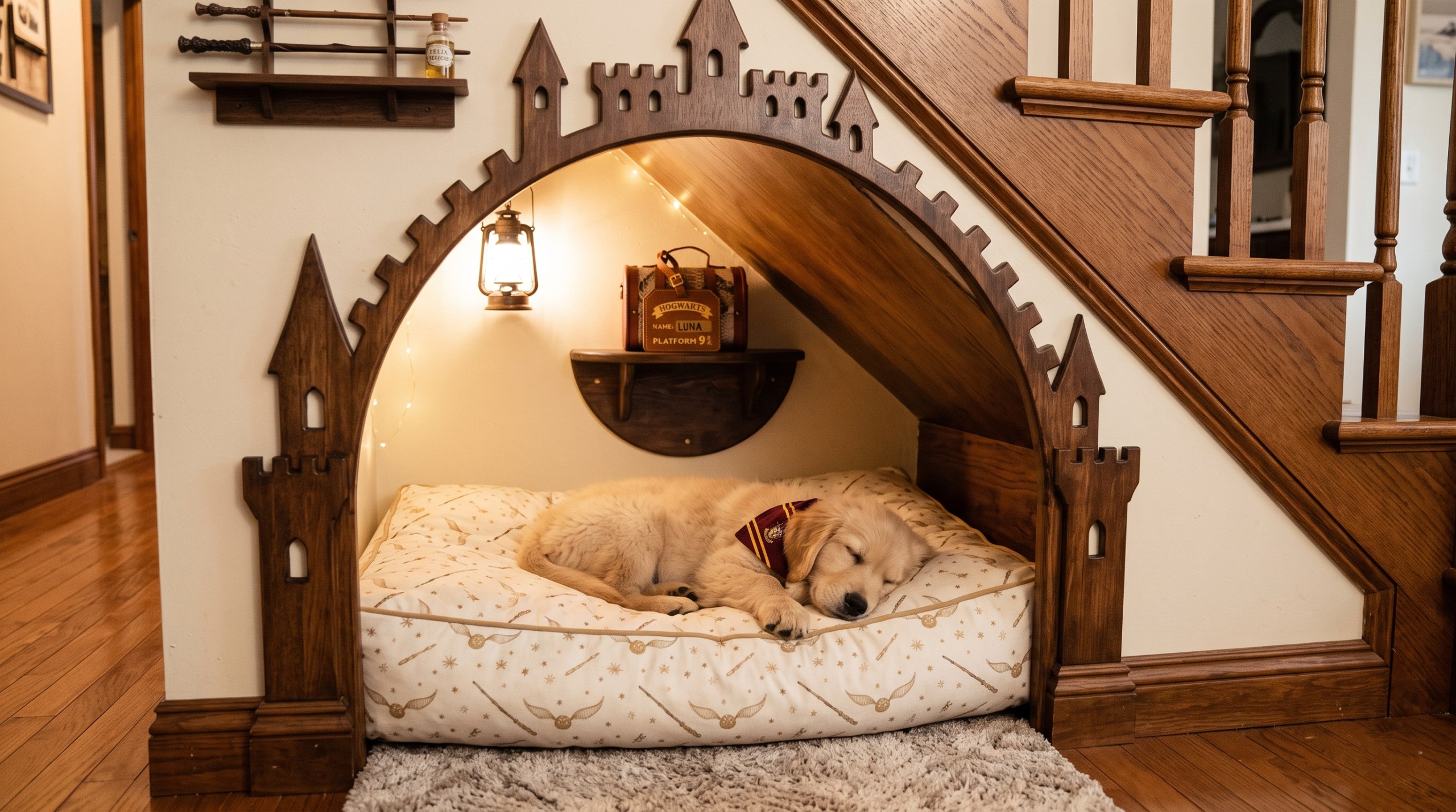 A finished Harry Potter-themed dog bedroom under the stairs, complete with a castle-shaped archway and custom pet bedding.