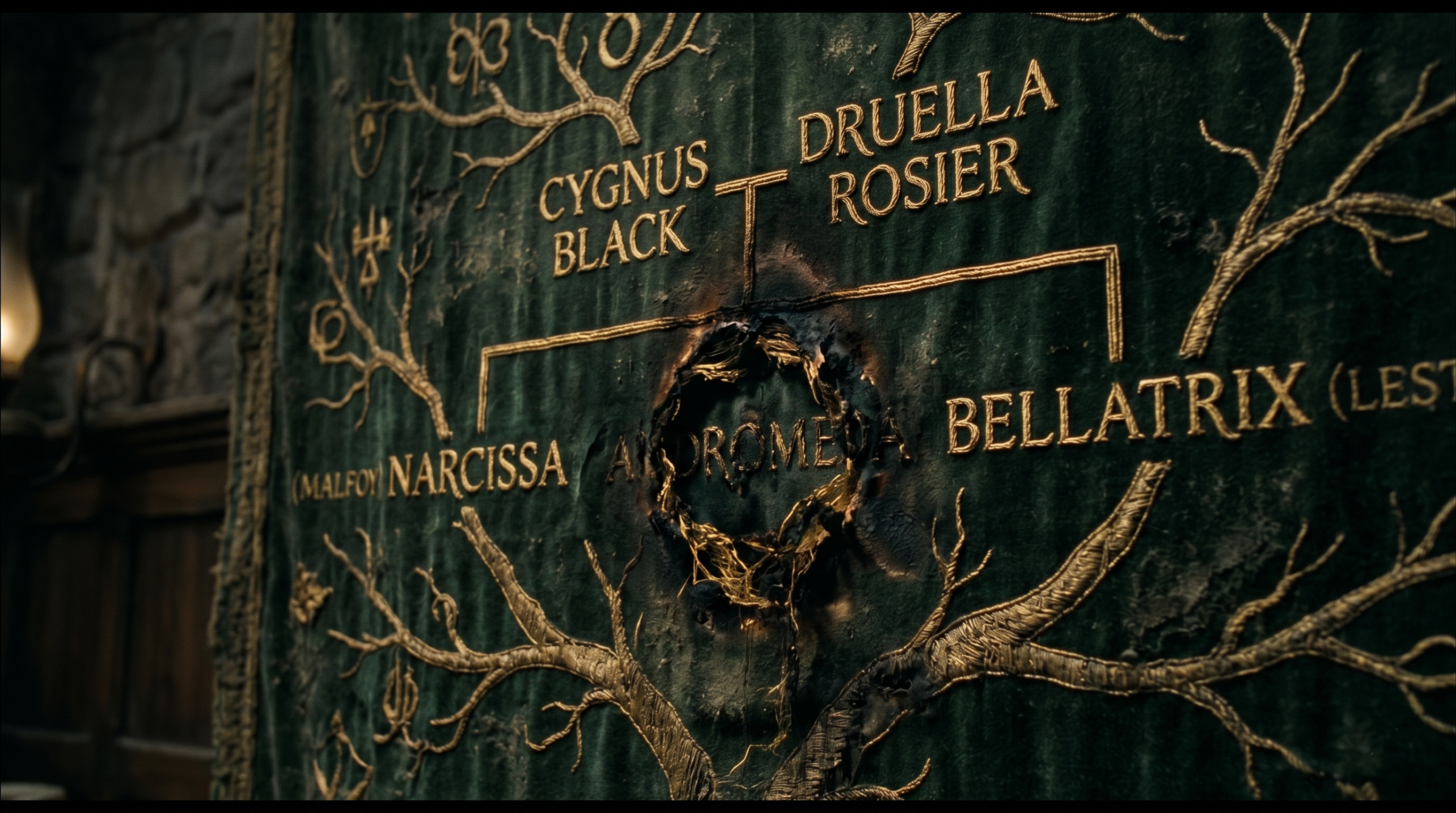 Close-up of the Black family tree tapestry showing the scorched burn mark where Andromeda Tonks was disowned.