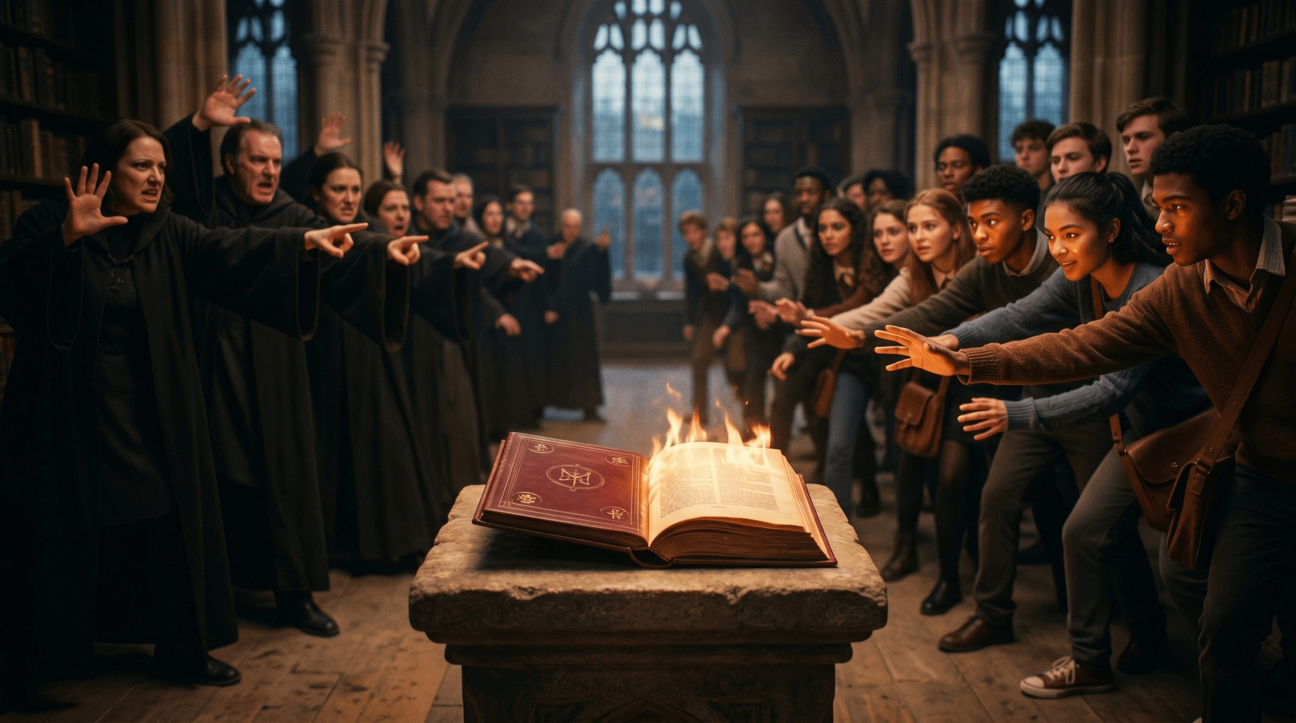 A symbolic representation of the cultural and religious debate surrounding the Harry Potter book series.