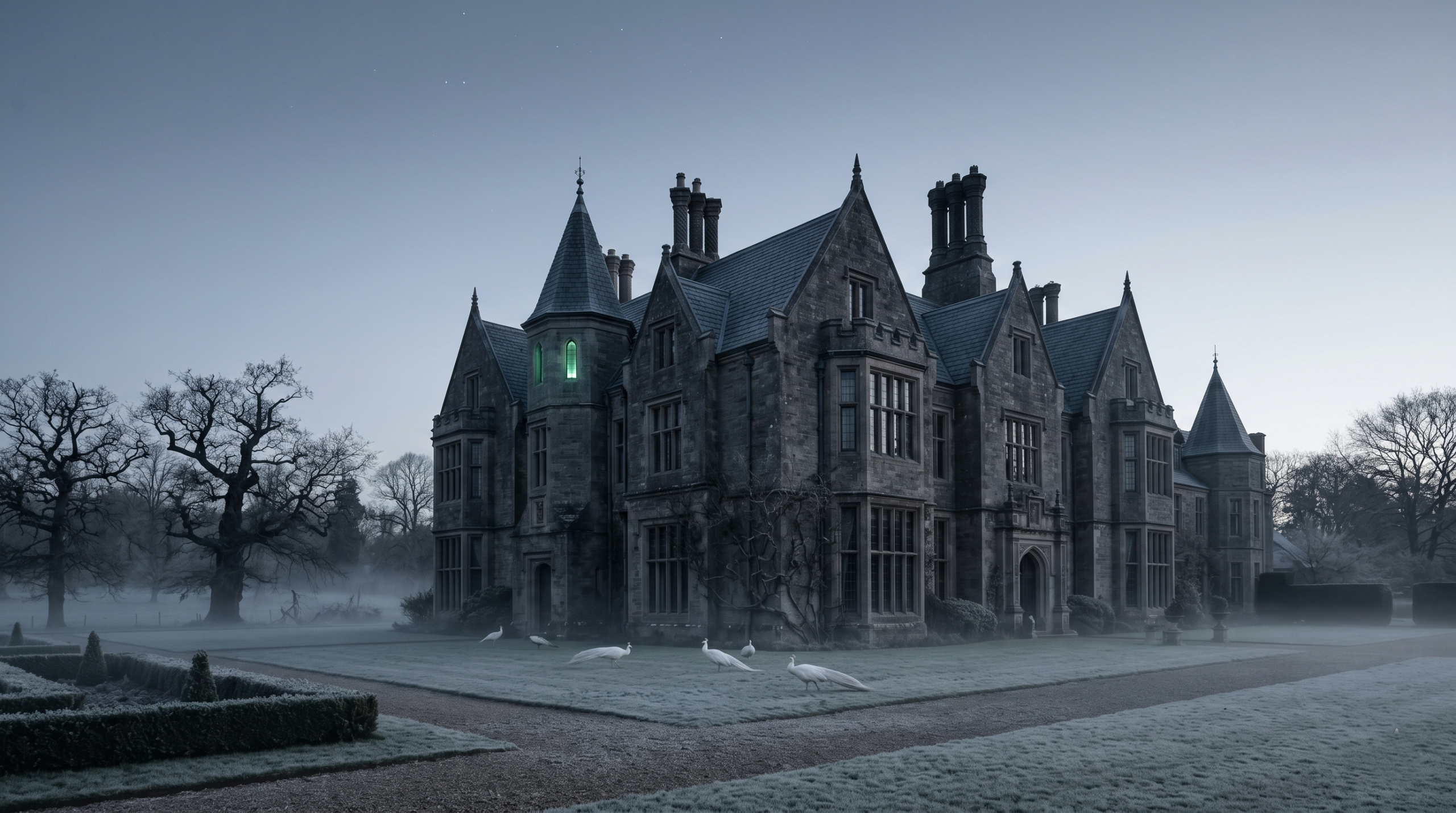 Malfoy Manor exterior at dawn showing eerie green light from an upper window