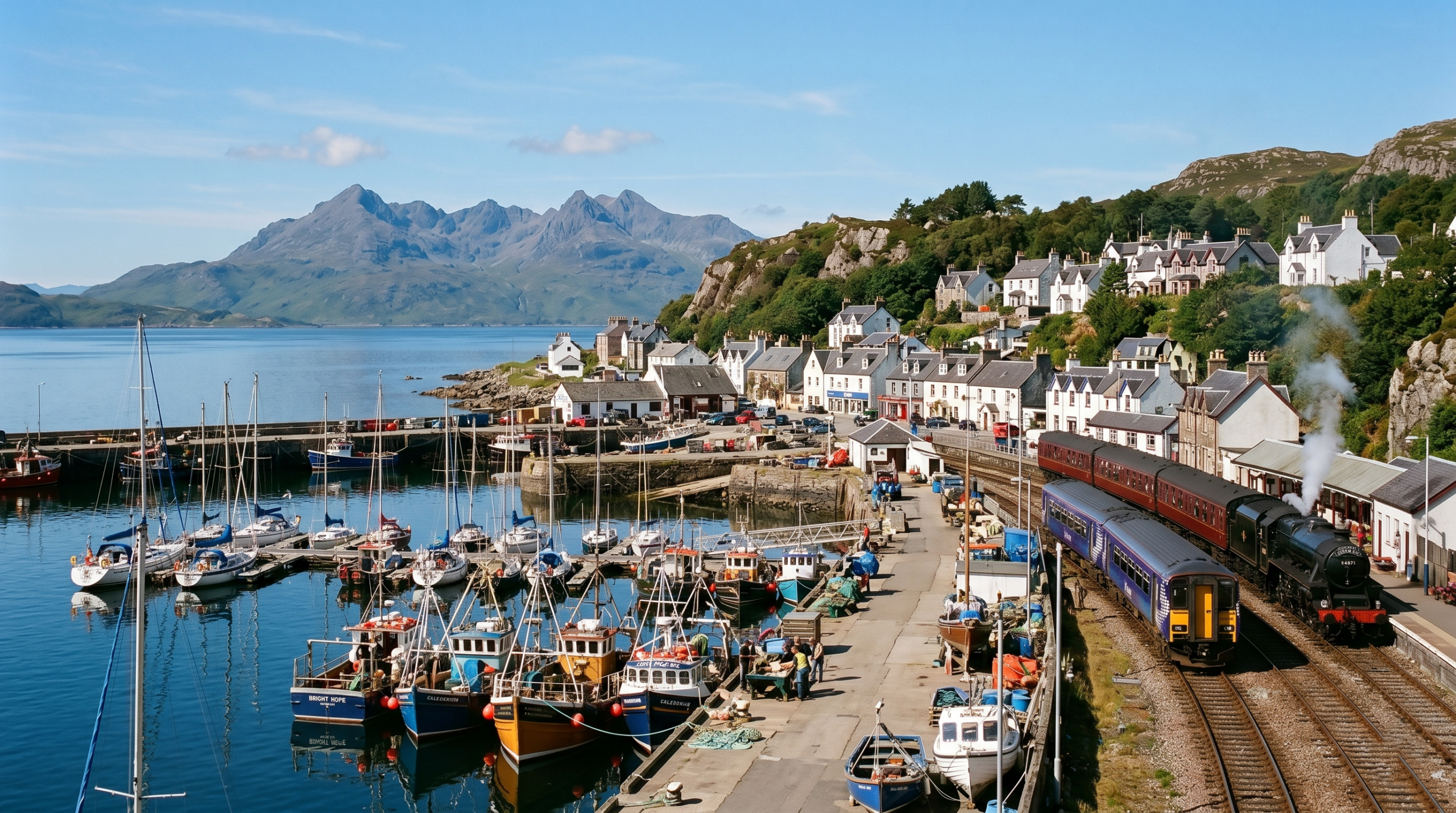 The coastal fishing village of Mallaig harbor with the Jacobite steam train parked at the station end.