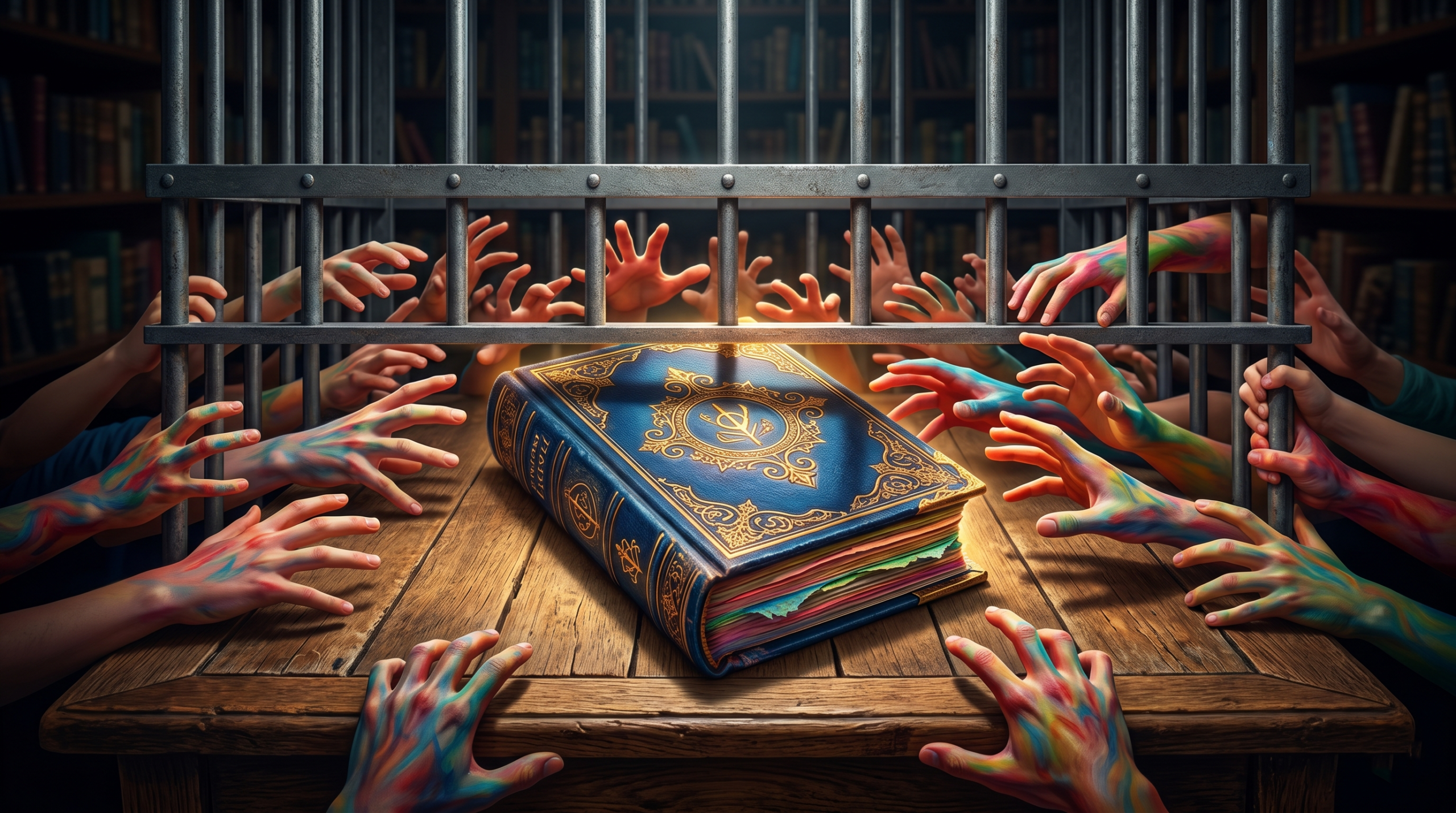 A conceptual visualization of censorship failing to stop curious readers, showing youthful hands reaching past cage bars to access a banned book.