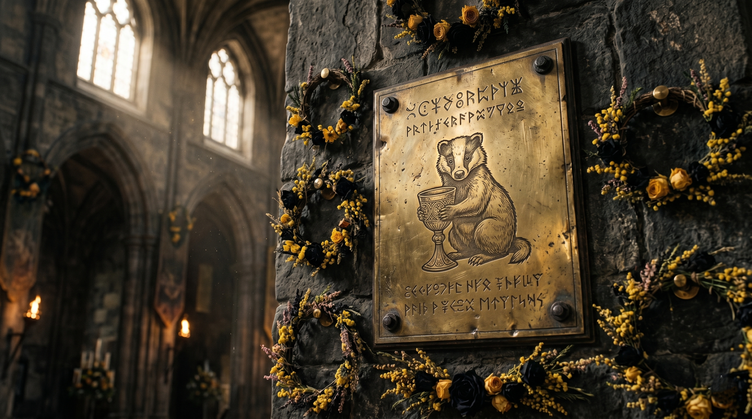 An abstract symbolic brass memorial in Hogwarts dedicated to the memory of Cedric Diggory.