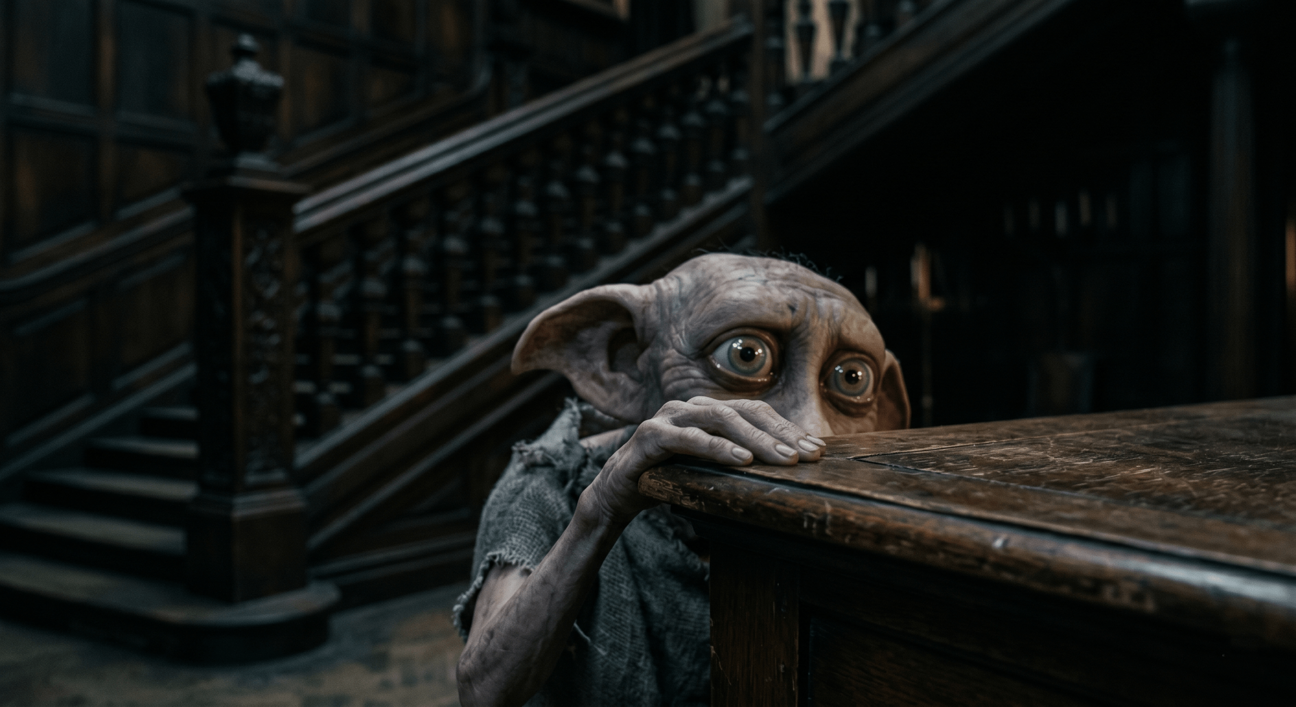 Close-up of house-elf Dobby's face and hand showing anxiety in servitude.