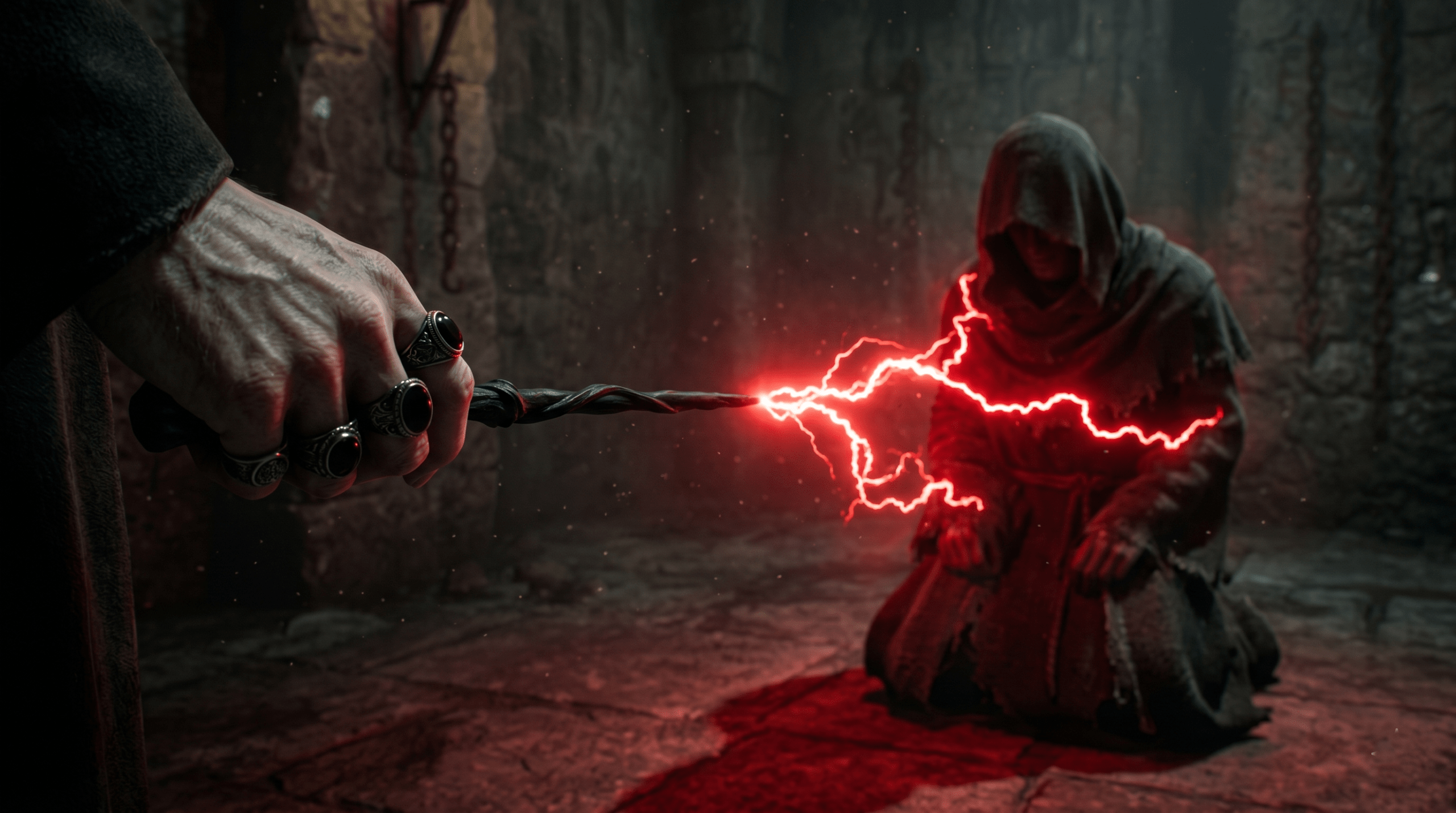 Close-up cinematic shot of the Cruciatus Curse being cast, with jagged red magic enveloping a victim in a dungeon.