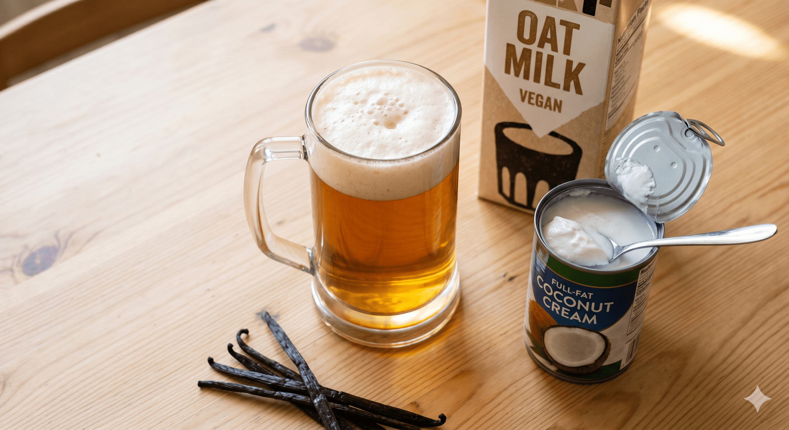 A glass of plant-based Butterbeer alongside alternative ingredients like oat milk and coconut cream.