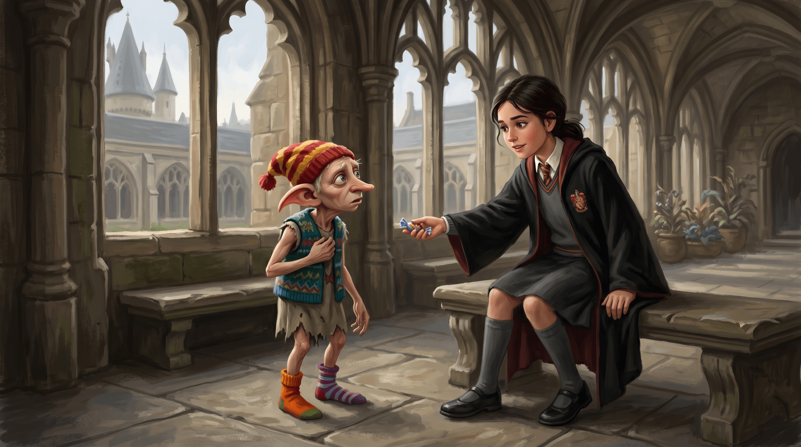 Digital painting of a young witch befriending a house elf wearing knitted clothes in a Hogwarts corridor.