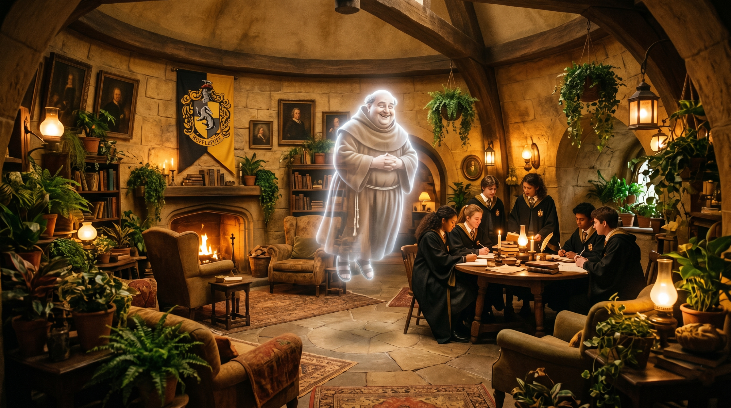 The friendly spirit of the Fat Friar floating peacefully within the cozy Hufflepuff Common Room at Hogwarts.