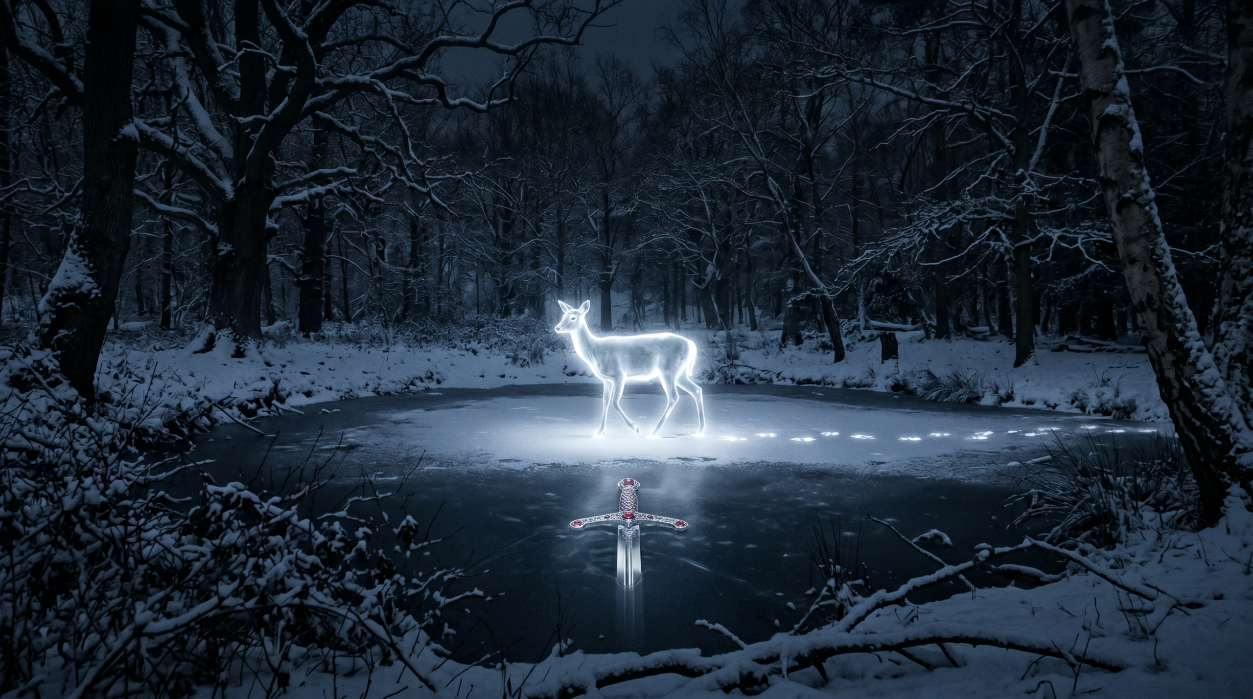 Ethereal silver doe Patronus walking on frozen ice, guiding the viewer toward the Sword of Gryffindor hidden beneath in the Forest of Dean.