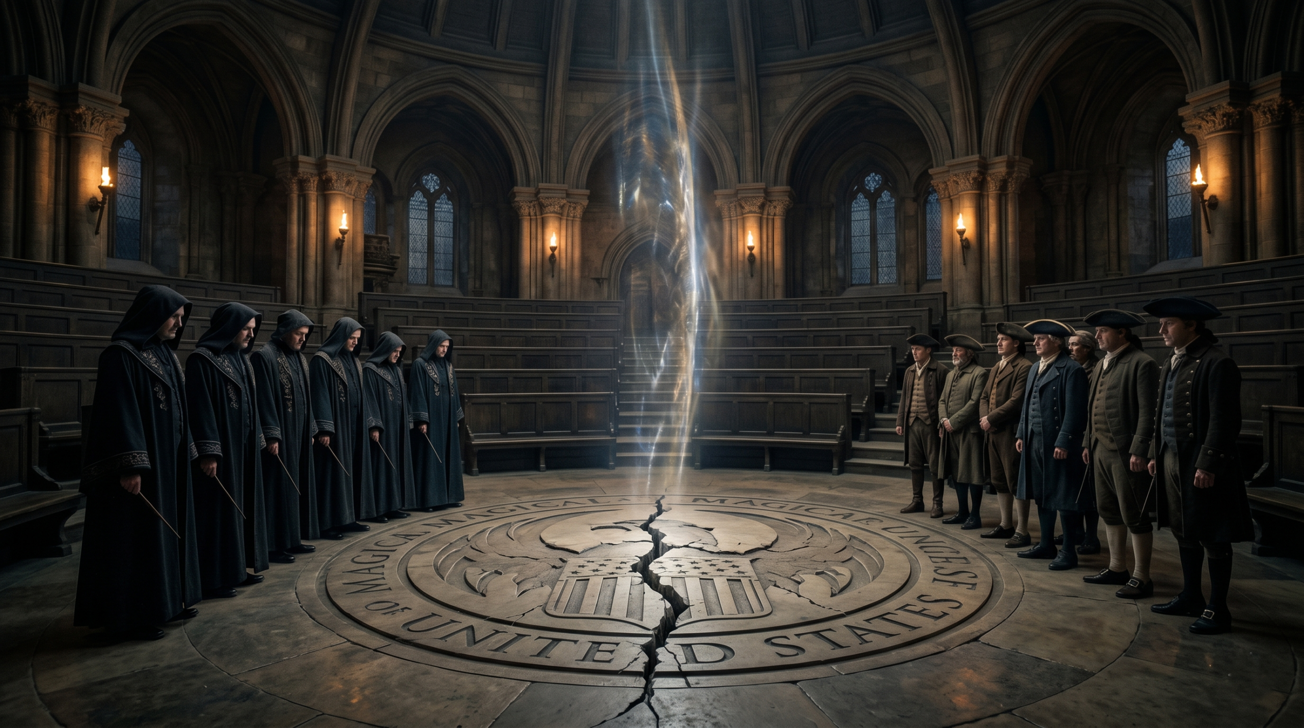 Symbolic representation of the internal debate following the Baltimore evacuation, showing the division between the magical and No-Maj communities that led to Rappaport's Law.