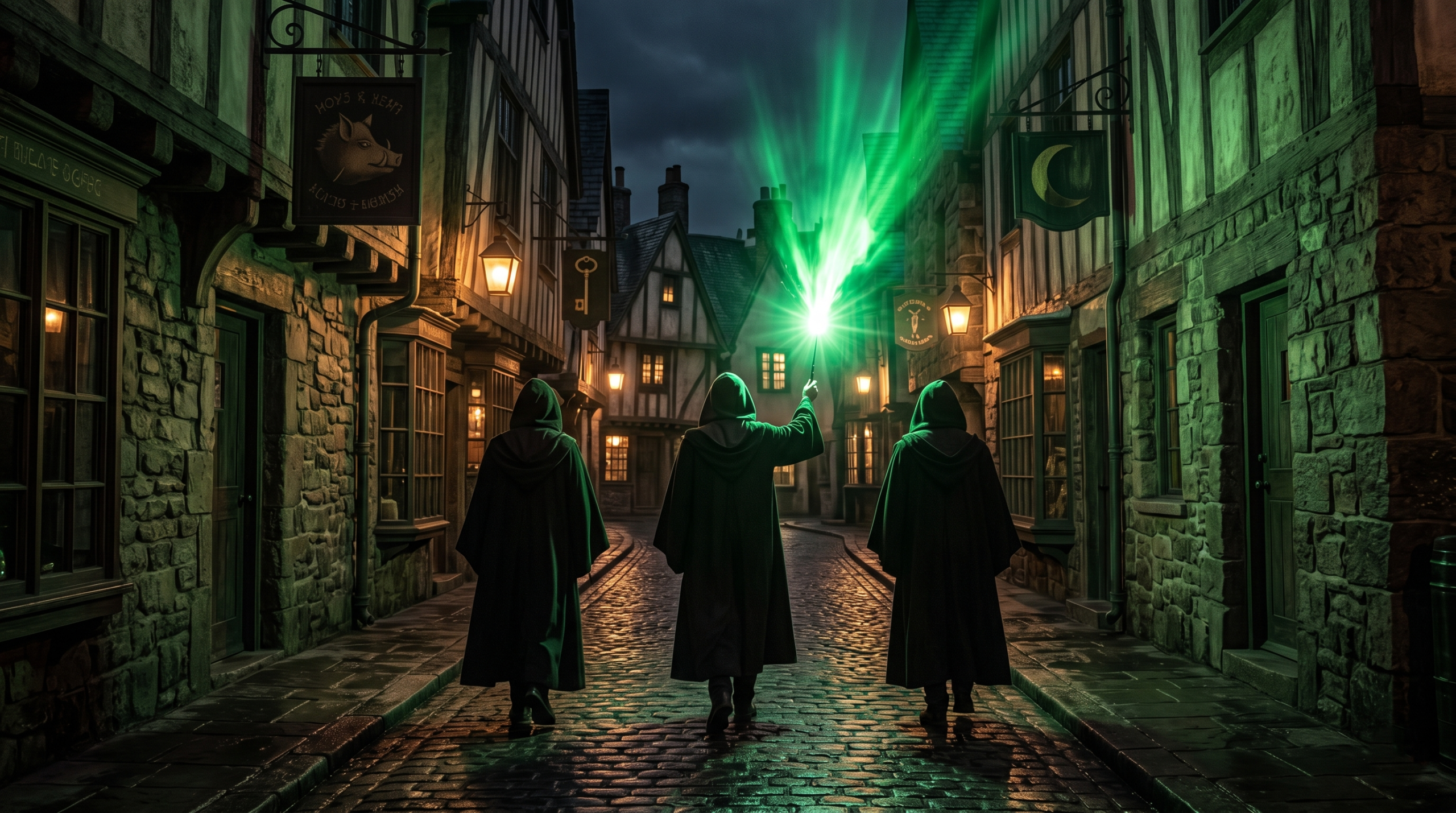 Ministry Aurors using aggressive magic tactics and green spells in a dark alley during the First Wizarding War.