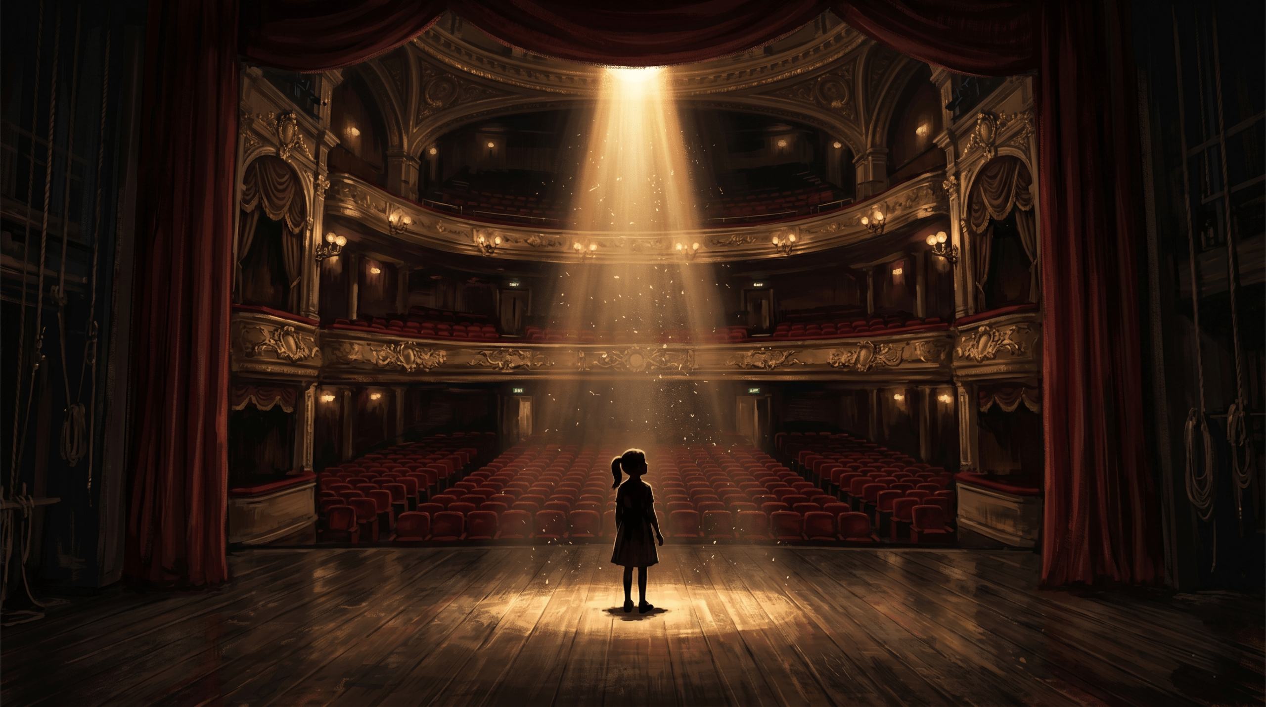 Digital illustration of a young actress on a grand West End theater stage under a single spotlight.