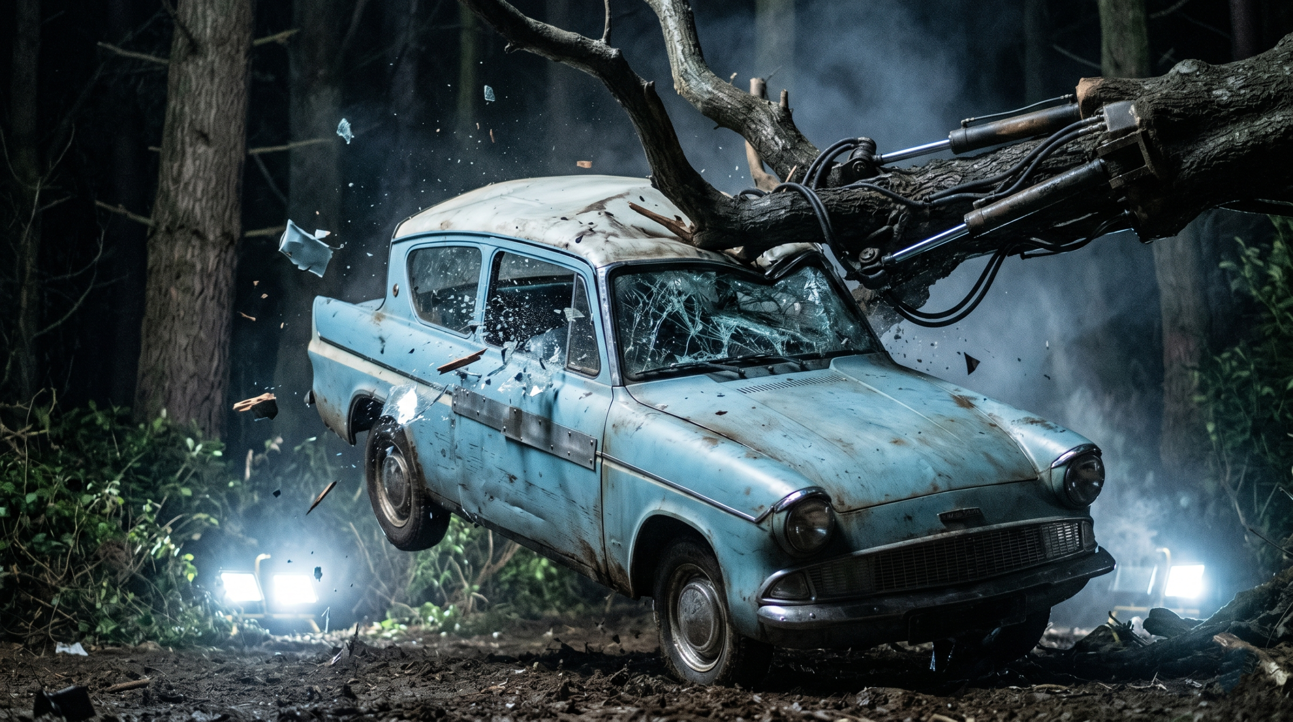 A reinforced prop version of the Harry Potter flying car being destroyed by the hydraulic Whomping Willow branch.