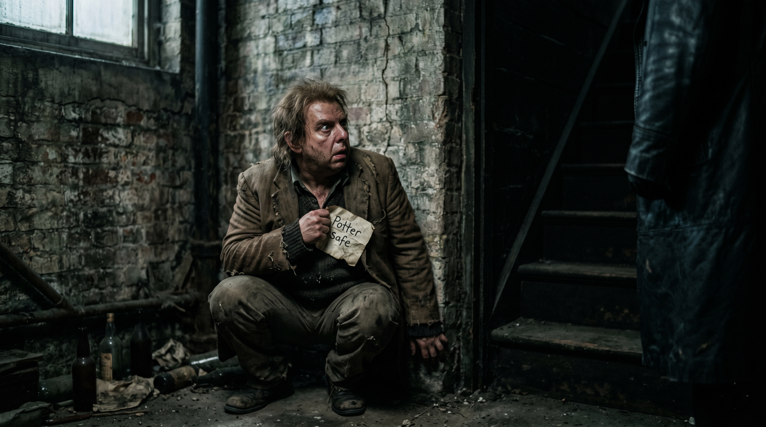 A fearful, hunted Peter Pettigrew in a grimy basement after his betrayal.