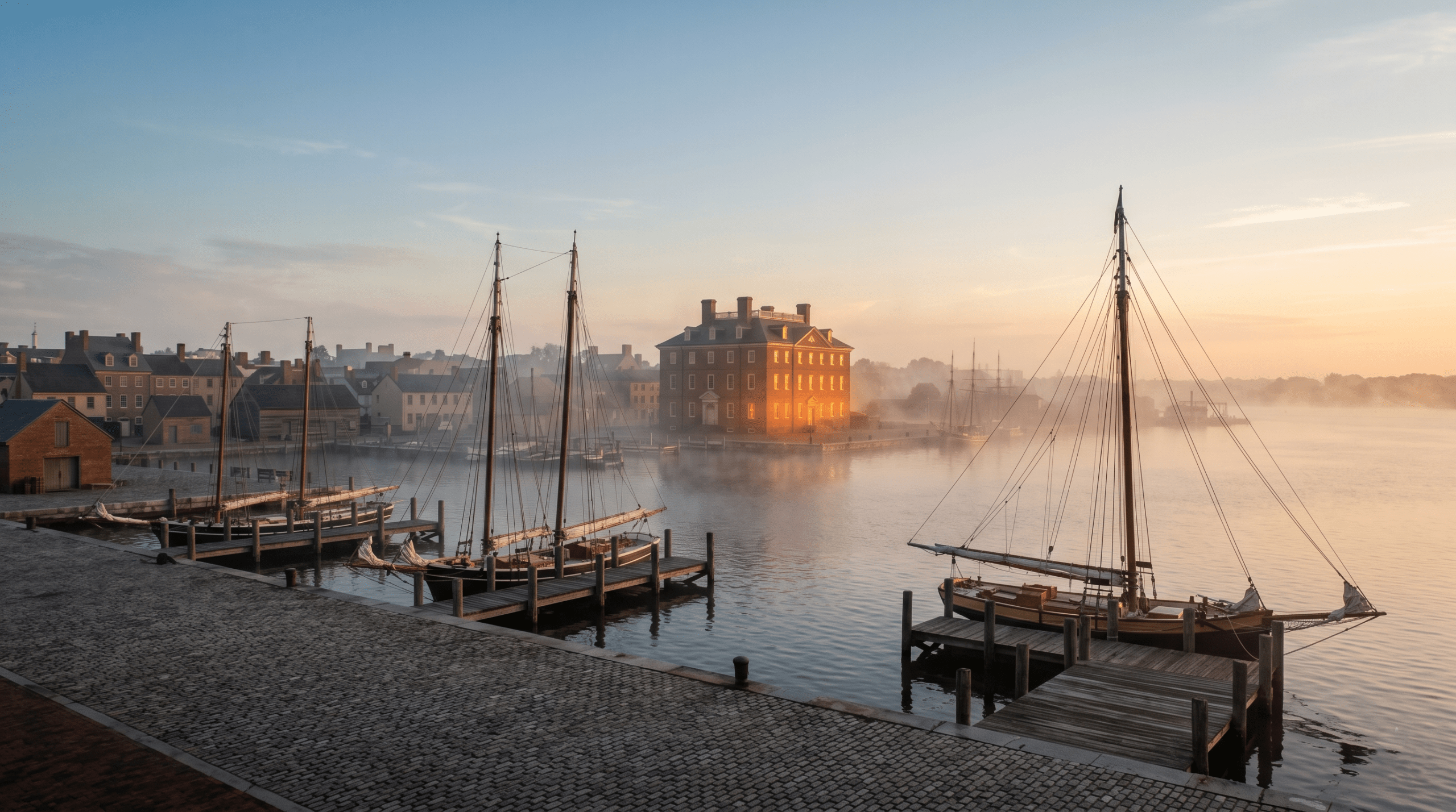 Historical 18th-century Baltimore harbor at dawn, a potential hidden MACUSA headquarters for American wizards.