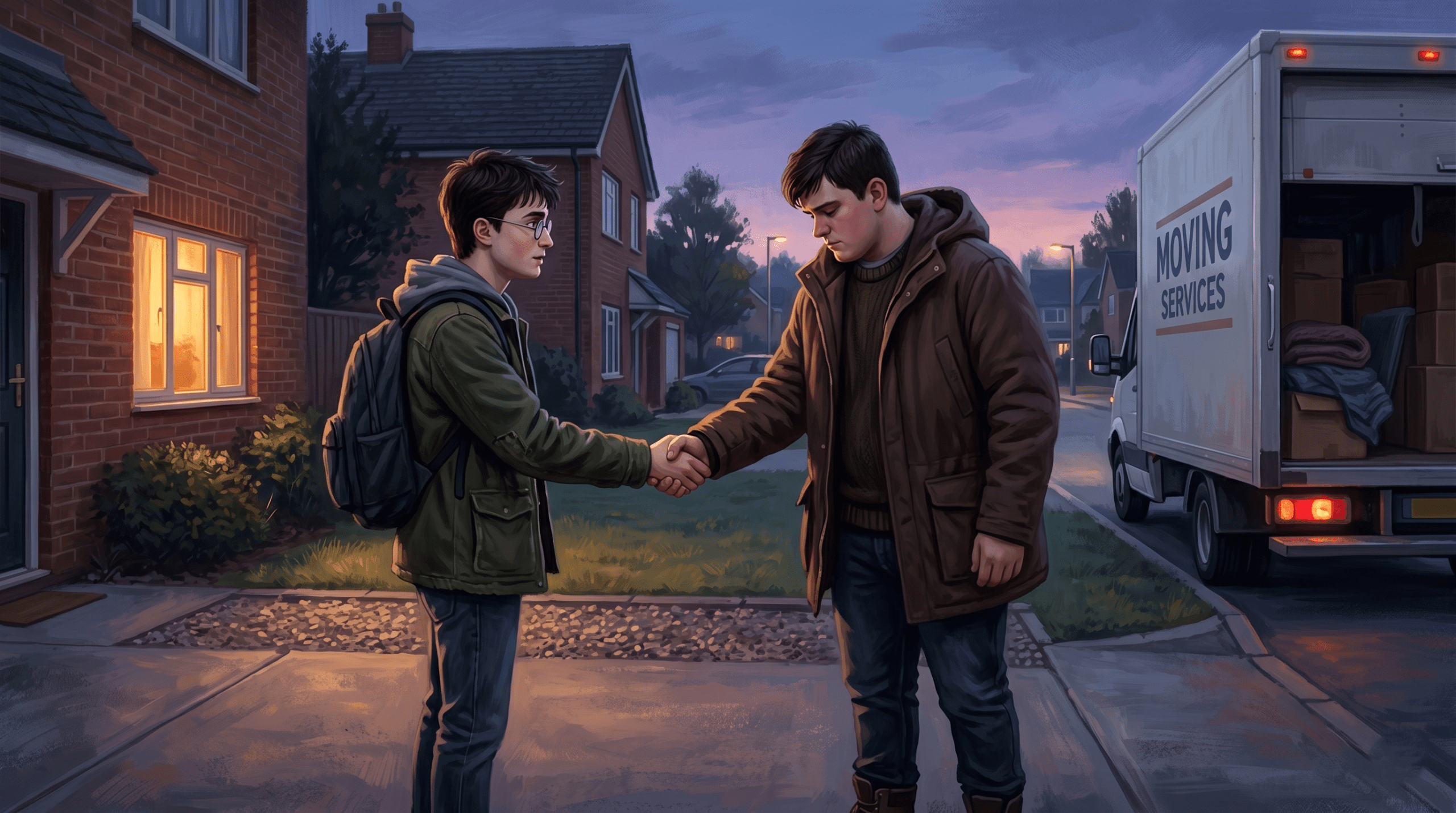 Dudley Dursley and Harry Potter share a symbolic handshake during their final farewell.