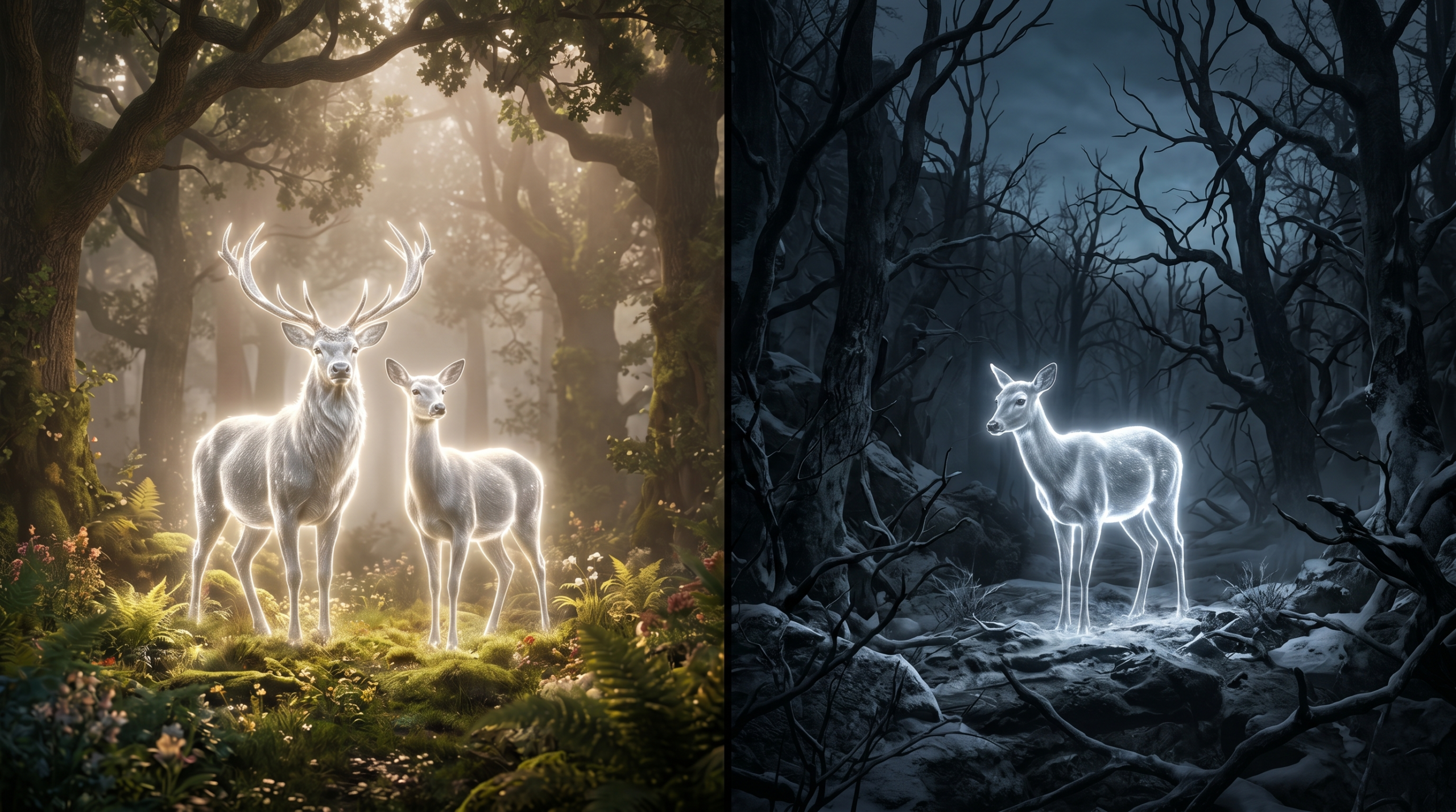 A comparison shot showing the complementary stag and doe Patronuses of James and Lily Potter alongside the single, isolated doe Patronus of Severus Snape.