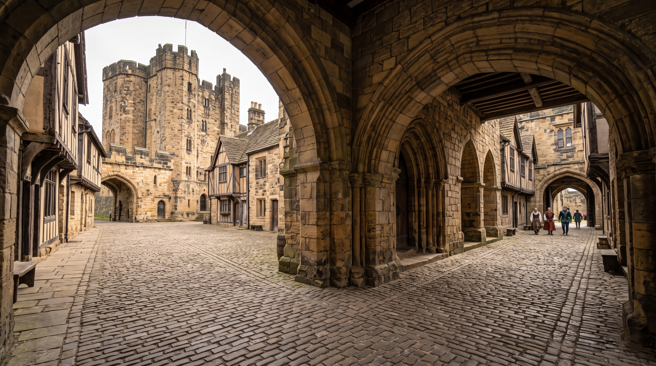 Alnwick Castle Inner Bailey courtyard and the specific ancient stone arch where the flying Ford Anglia crashed in Harry Potter and the Chamber of Secrets.