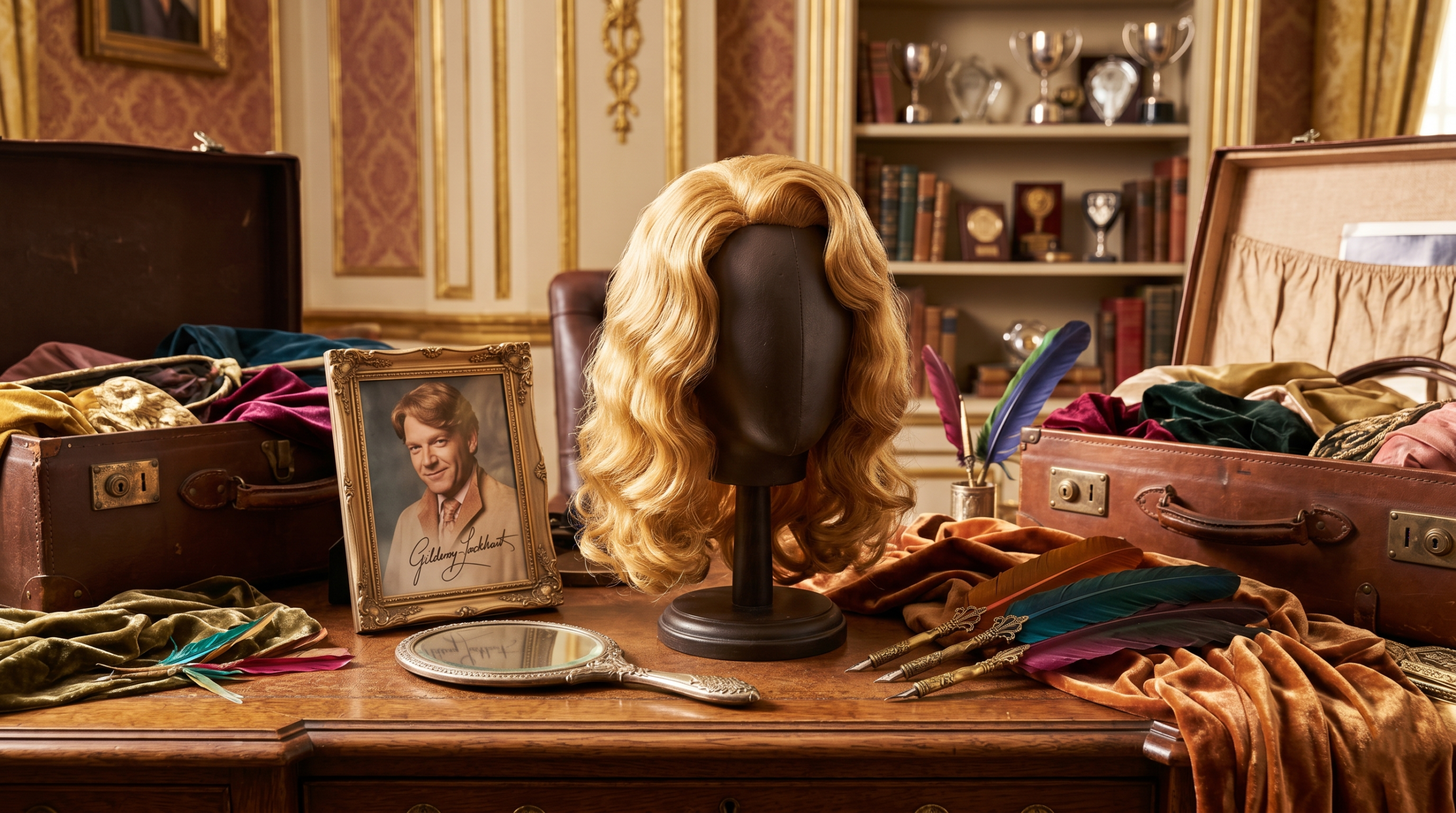 A detailed close-up shot of Gilderoy Lockhart’s antique desk cluttered with flamboyant items, prominently featuring a perfectly styled golden wavy wig on a mannequin head, illustrating the hidden movie trivia about this secretly bald character from Harry Potter.