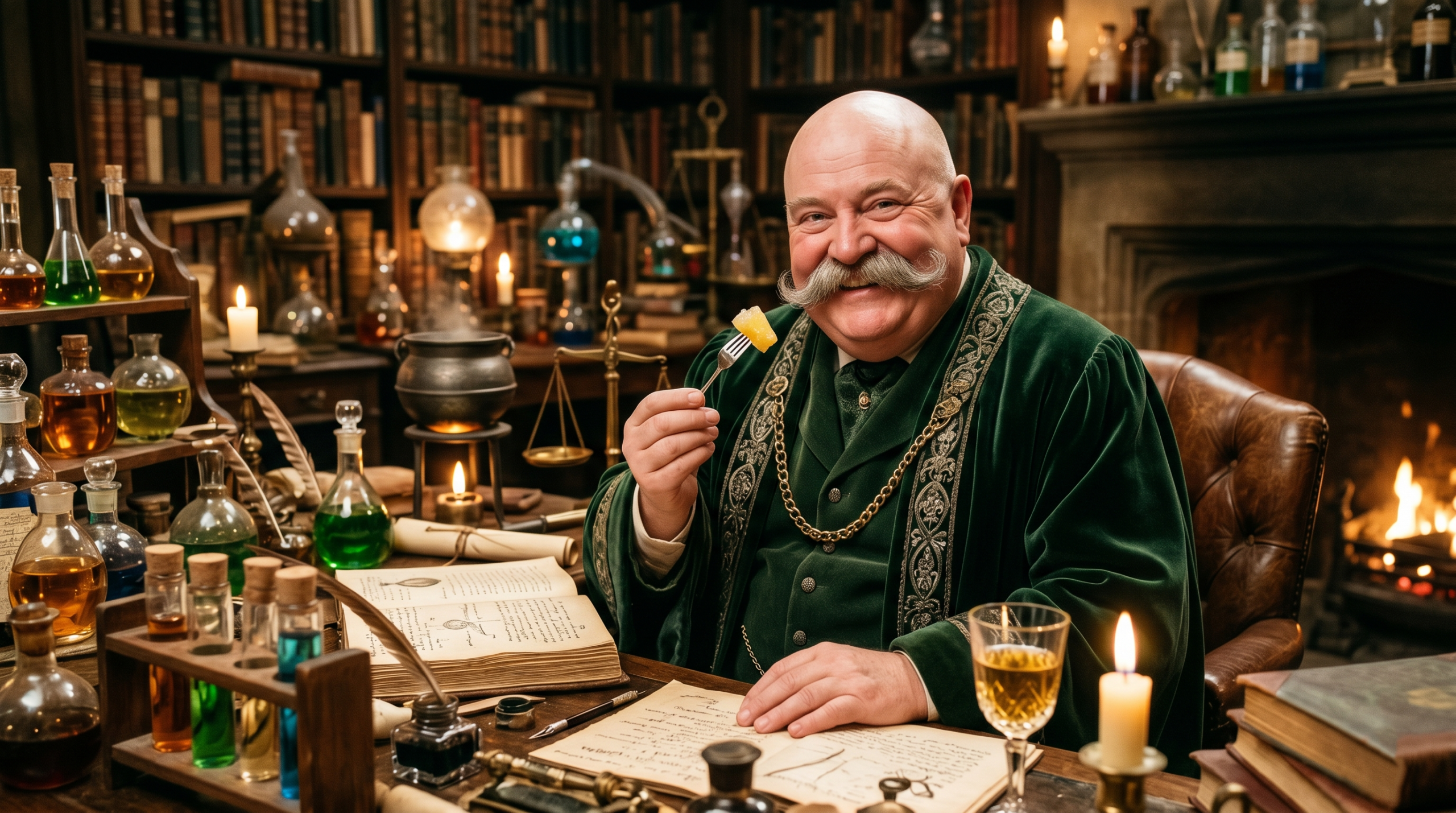 Book-accurate portrayal of Horace Slughorn, an influential bald wizard in Harry Potter, with a gleaming pate and massive walrus mustache, smiling jovially at his cluttered potions desk with crystalized pineapple in a detailed setting.