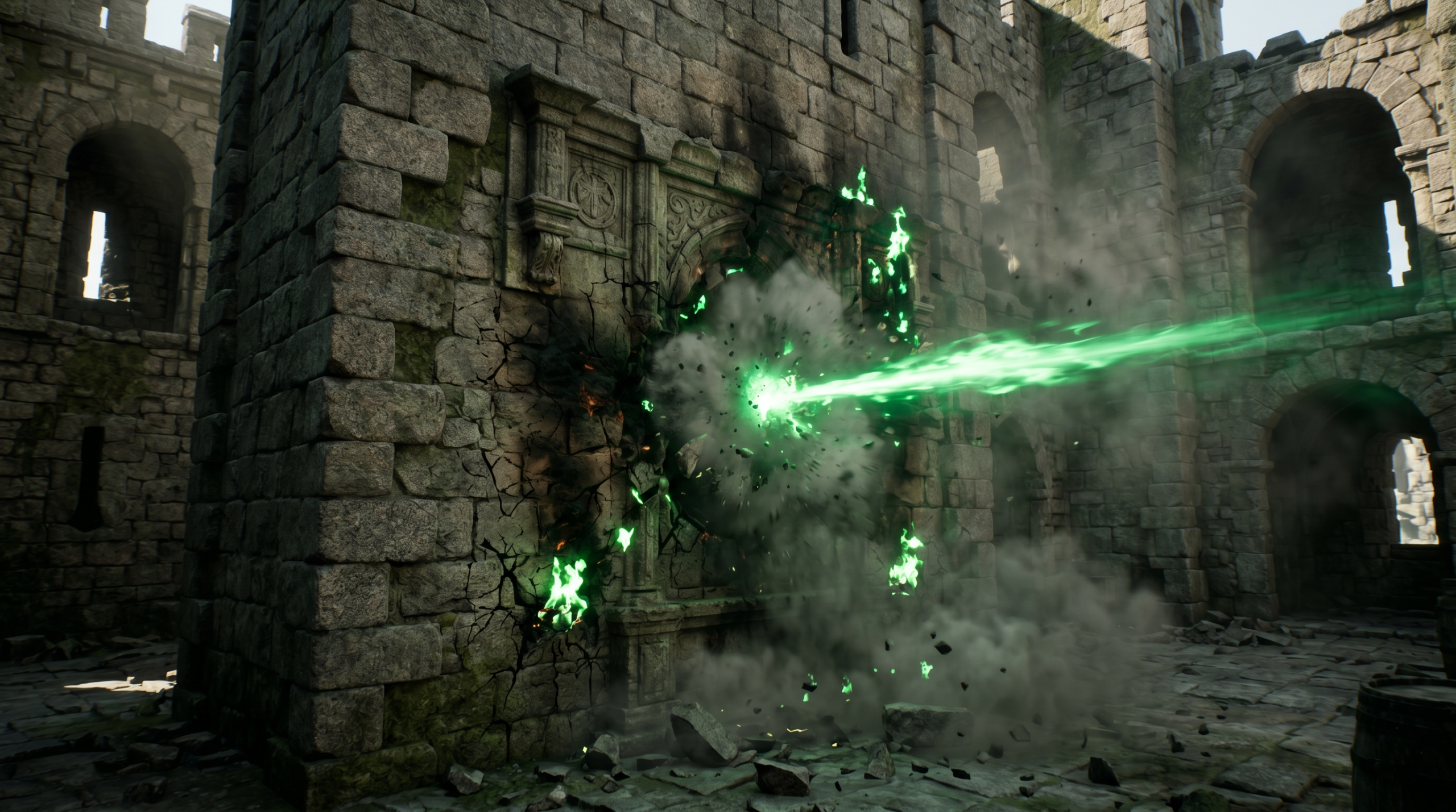 Explosion and green fire on a stone wall from a missed Killing Curse spell in Harry Potter.