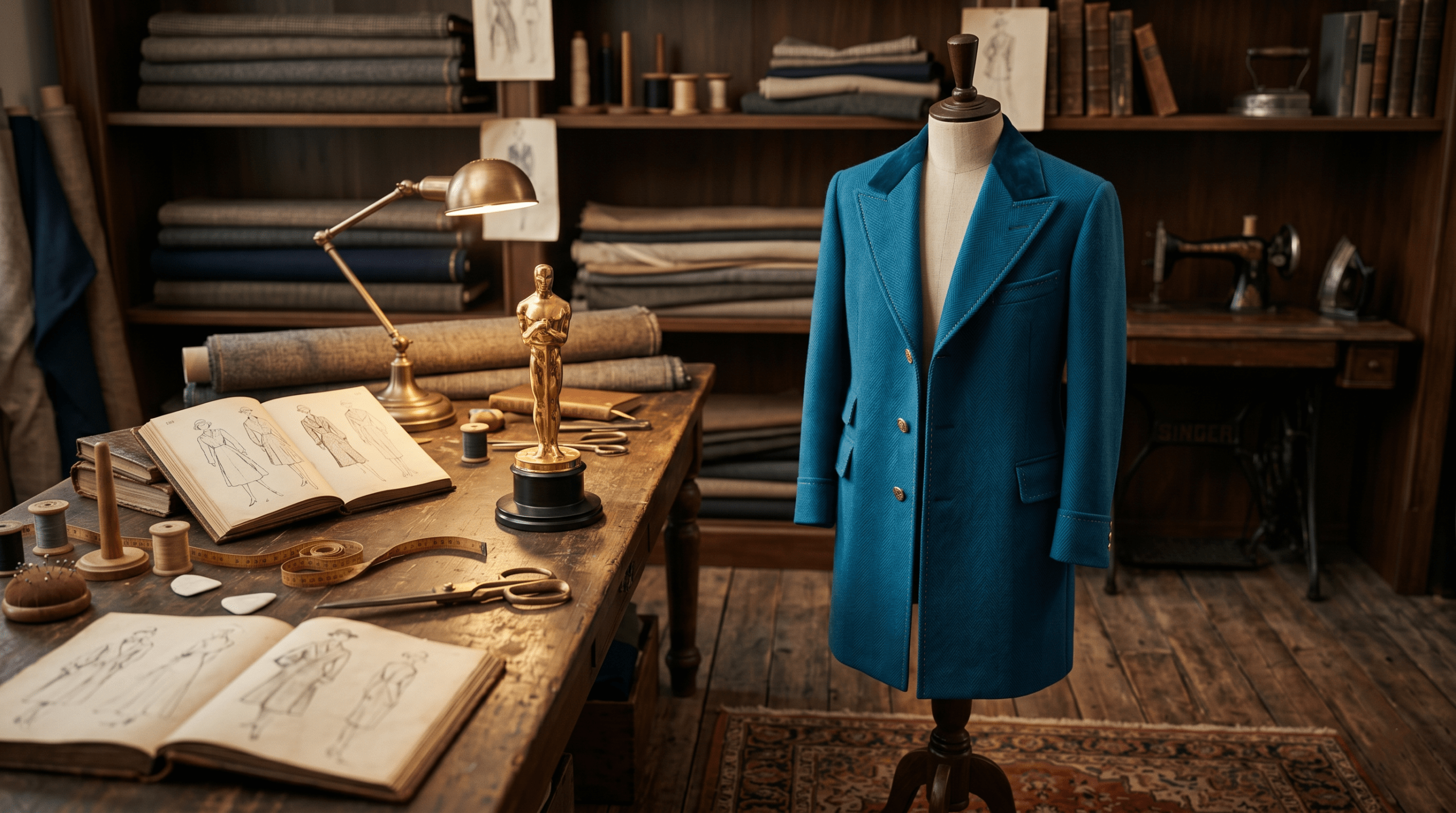 A luxurious close-up of Newt Scamander’s teal overcoat on a tailor’s mannequin next to an Oscar award.