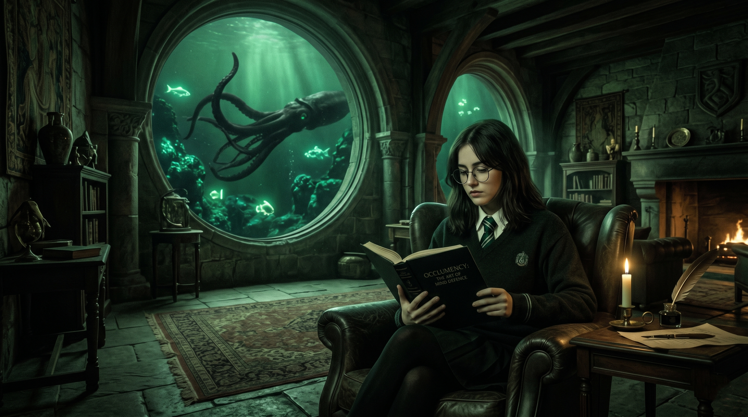 Dark and atmospheric representation of Slytherin female Harry Potter reading about Occlumency in the common room.