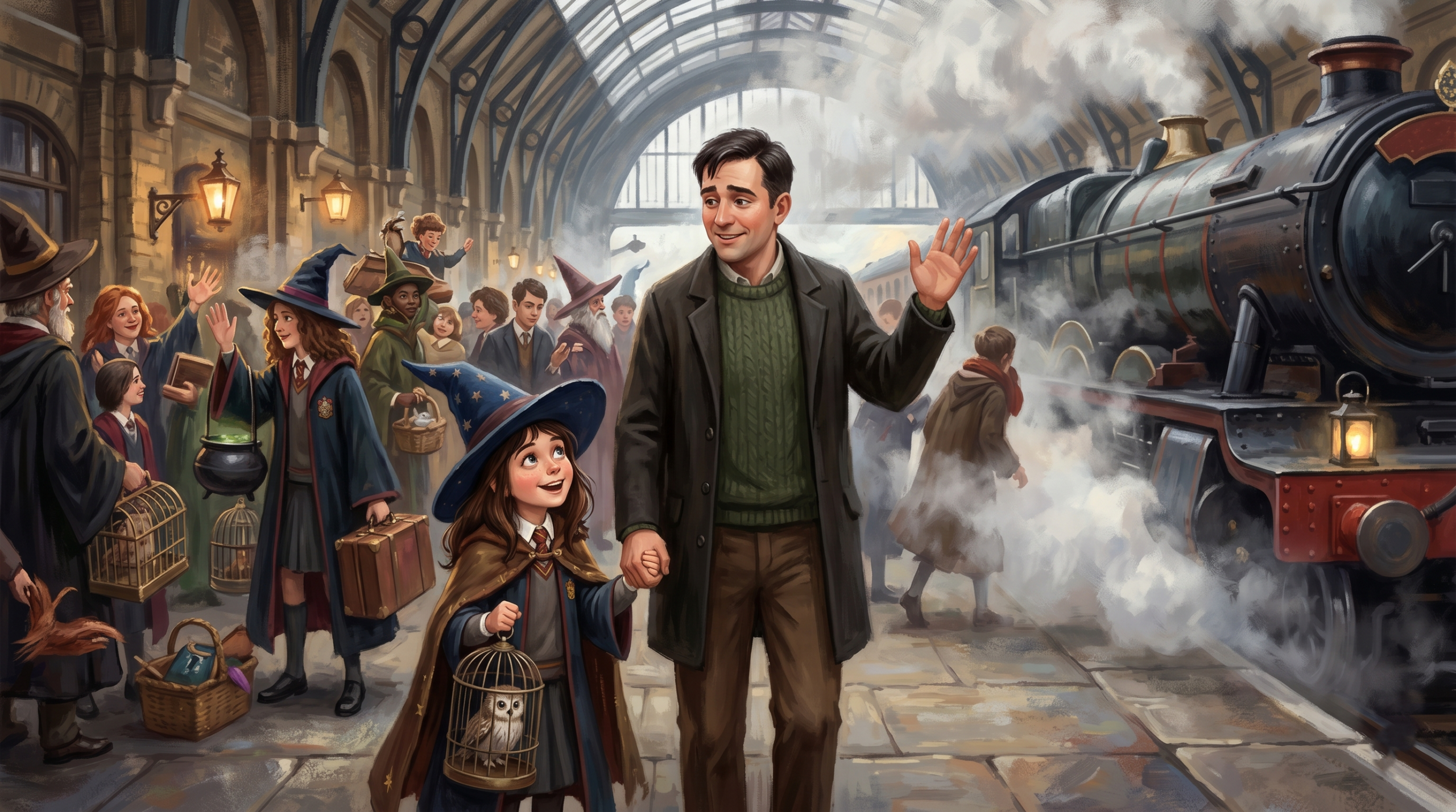 Conceptual art of Dudley Dursley at King's Cross Station with his magical daughter.