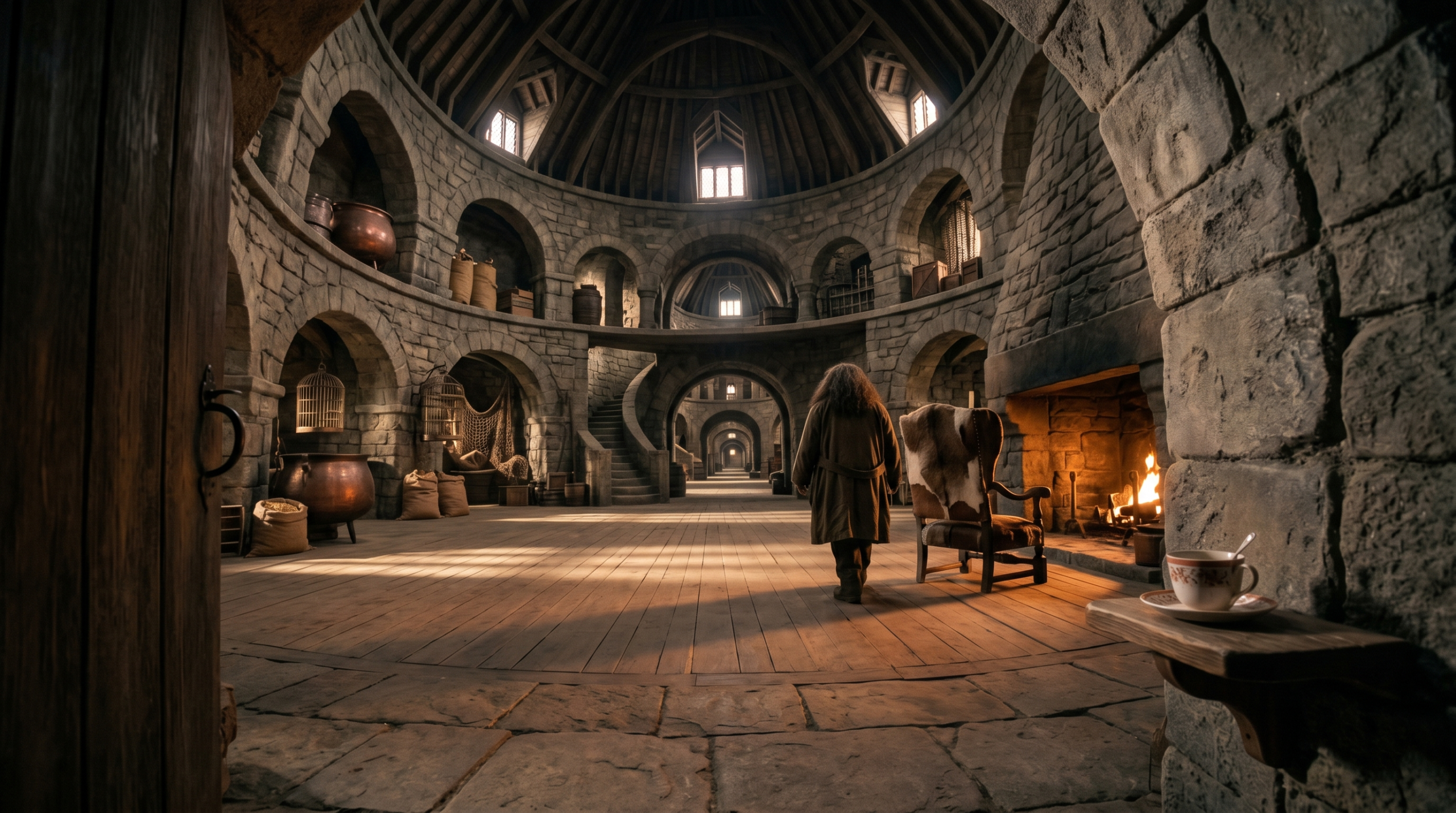 Surreal wide-angle interior view of Hagrid's hut illustrating the Undetectable Extension Charm theory by making the space look huge.