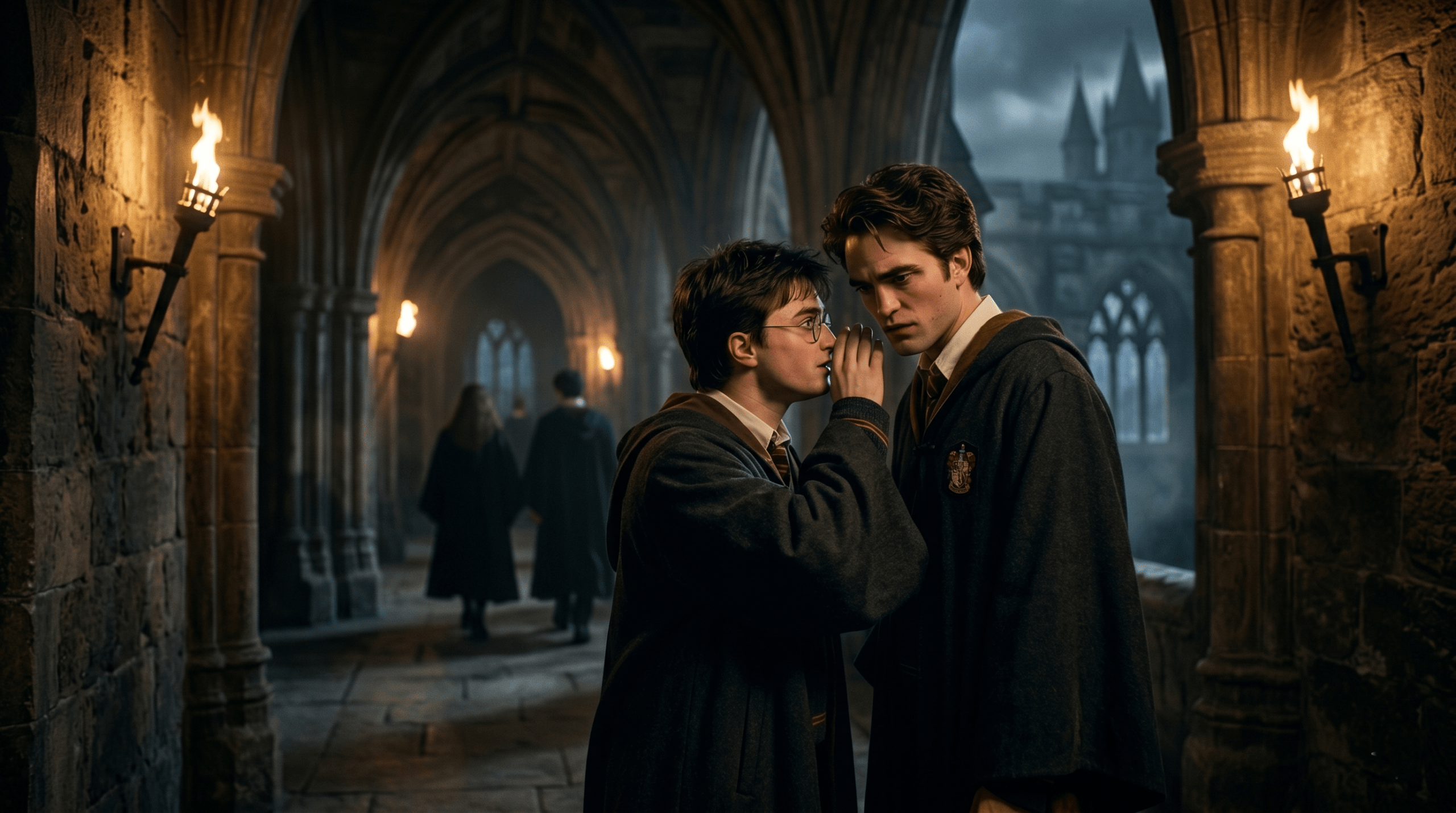 Harry Potter and Cedric Diggory conversing secretly in a dark Hogwarts corridor about the Triwizard Tournament.