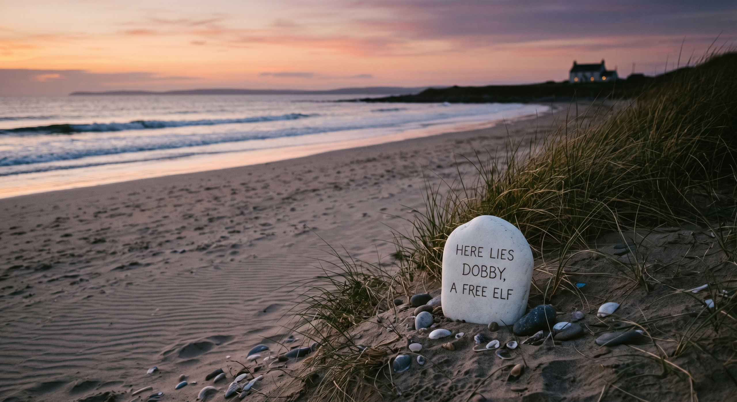 The peaceful resting place of Dobby, marked by a white stone on the beach near Shell Cottage.