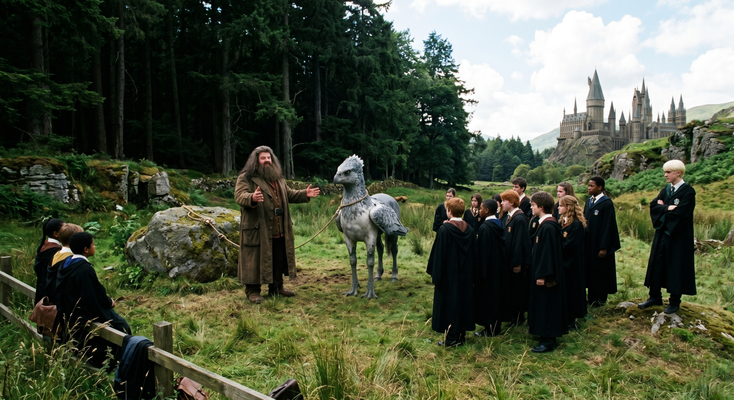 A wide shot of Rubeus Hagrid introducing Buckbeak the Hippogriff to his third-year Care of Magical Creatures class.
