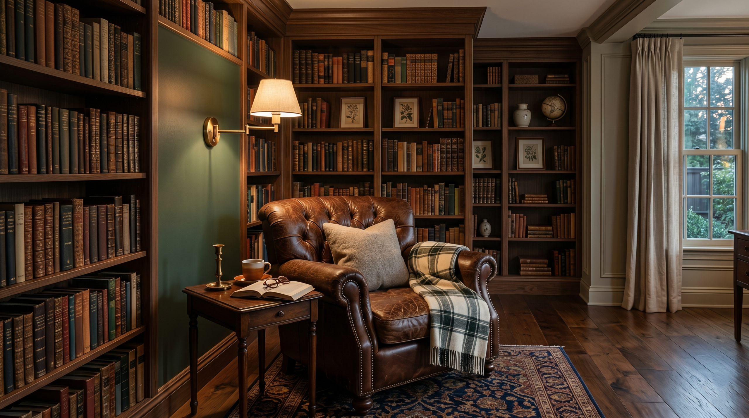 Cozy home library and reading nook featuring dark wood bookshelves and quiet luxury interior design aesthetics.