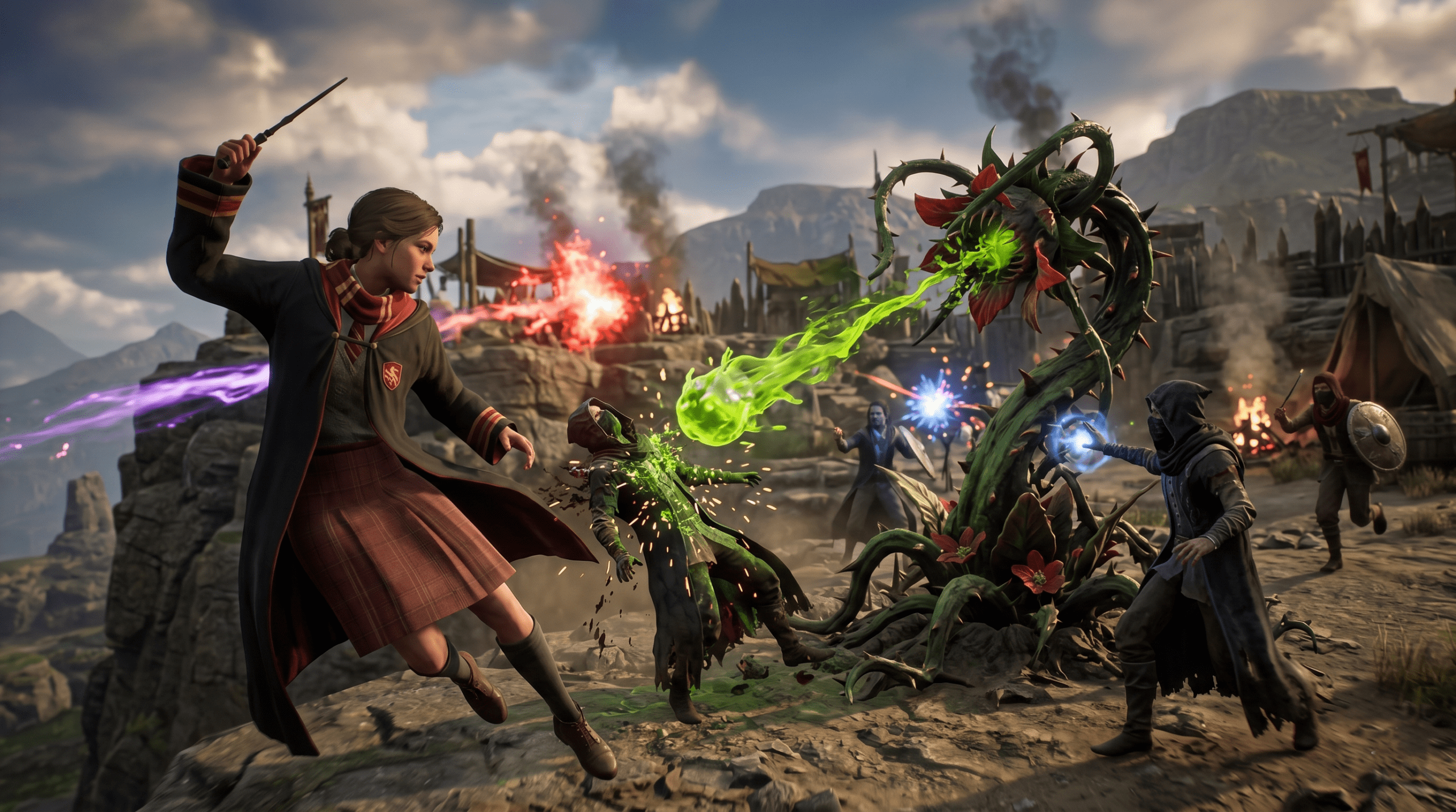 An action combat scene in Hogwarts Legacy showing a wizard character dodging while a deployed Venomous Tentacula plant spits acid at dark wizard enemies in a bandit camp.