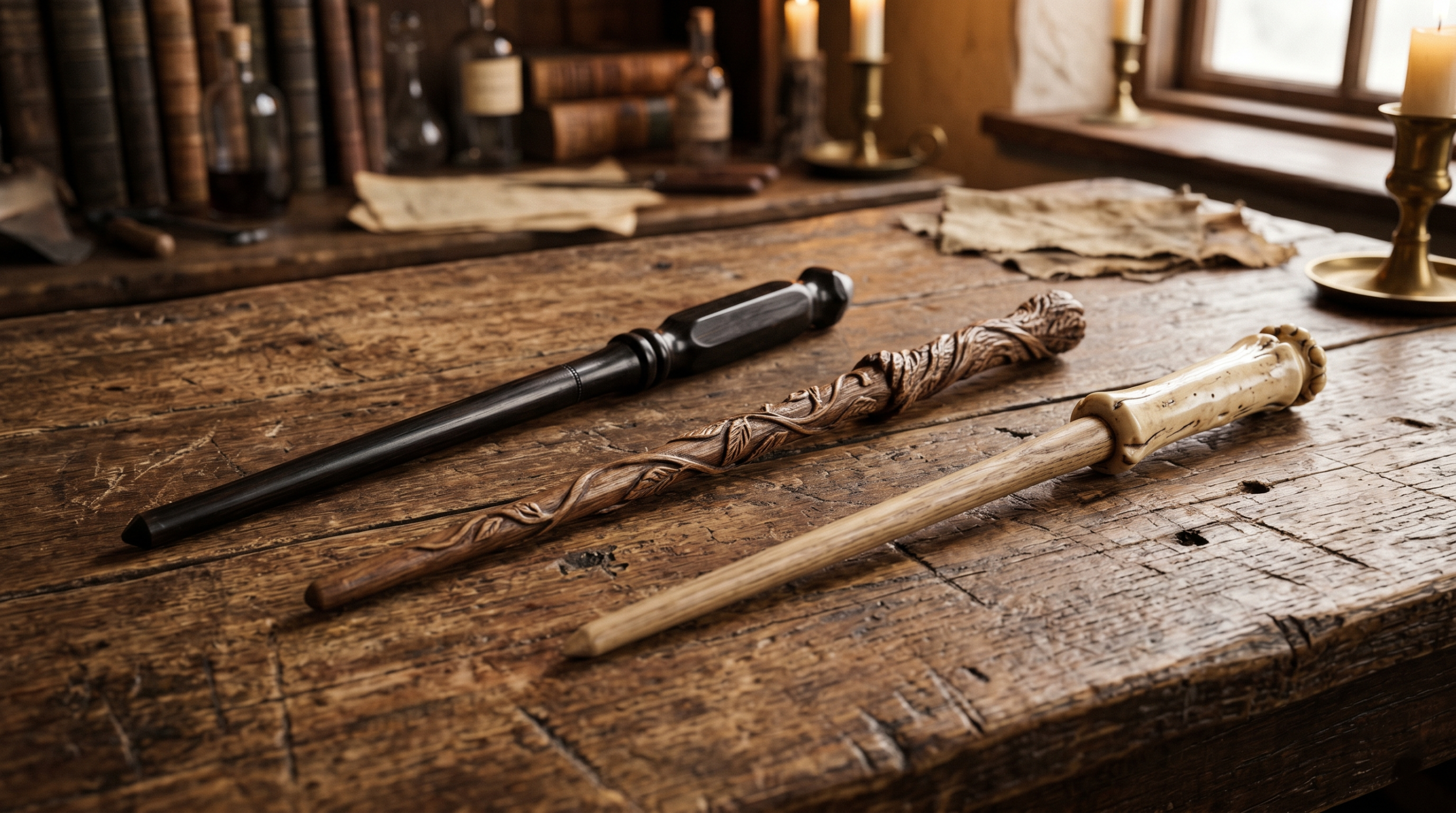 Three different styles of custom magic wands showing varying wood types, cores, and lengths on a wooden table.