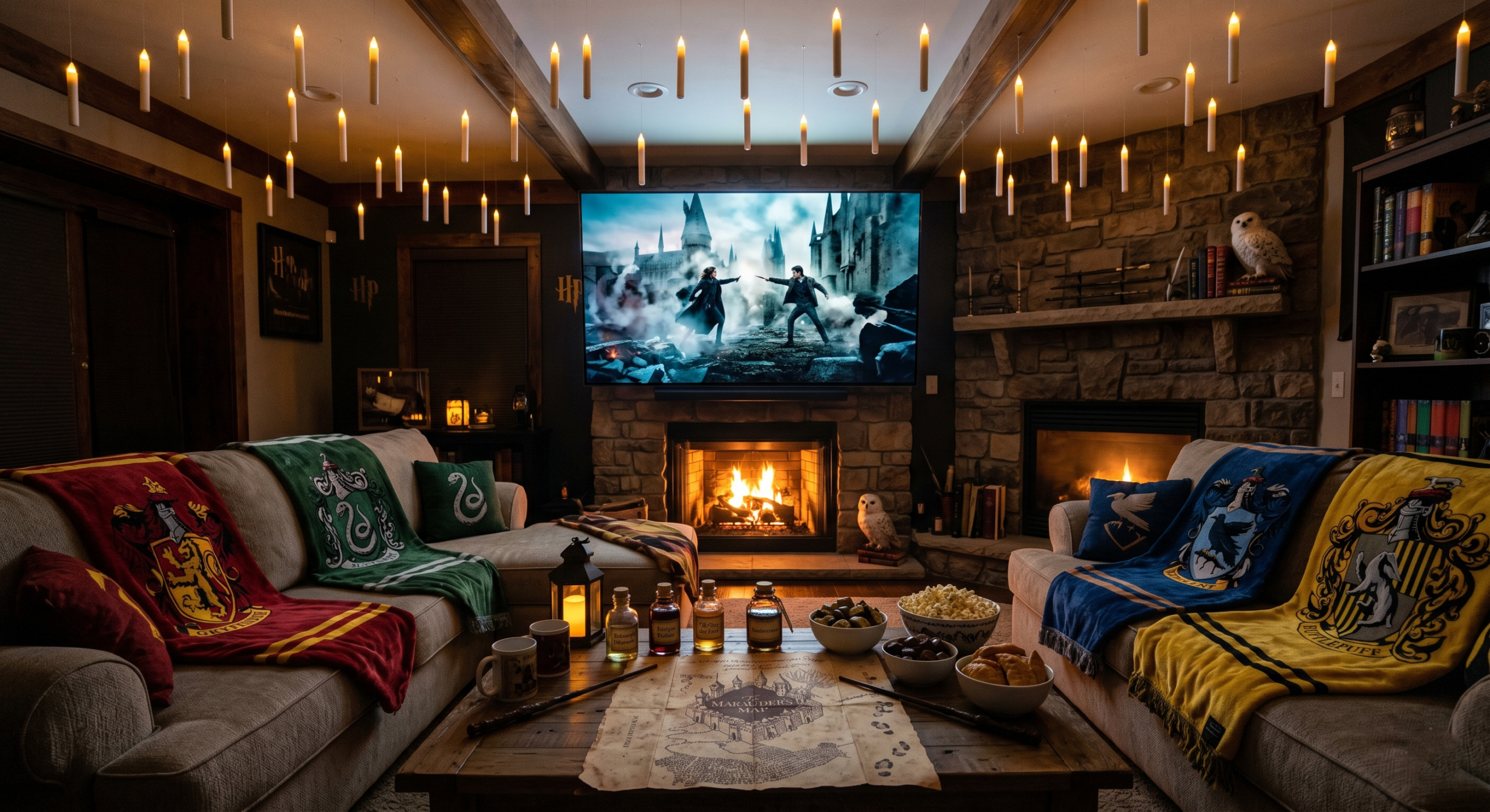 A photograph of a cozy living room decorated for a Harry Potter movie marathon with floating candles and house-themed blankets.