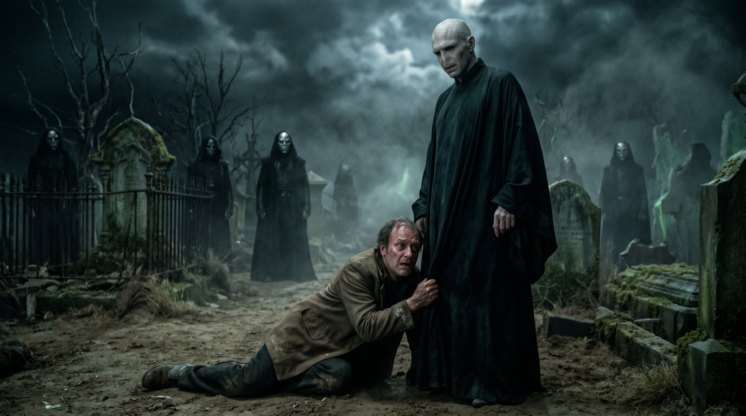 Terrified Avery Junior groveling at Lord Voldemort's feet in the Little Hangleton graveyard.